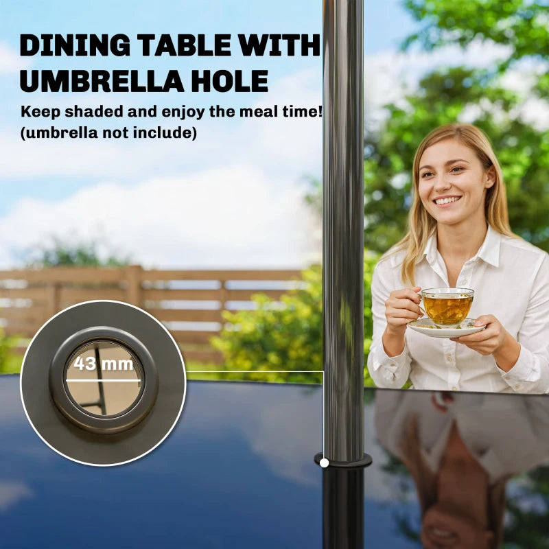 Outdoor Dining Table for 6 with Umbrella Hole, Metal Patio Dining Table with Tempered Glass Top