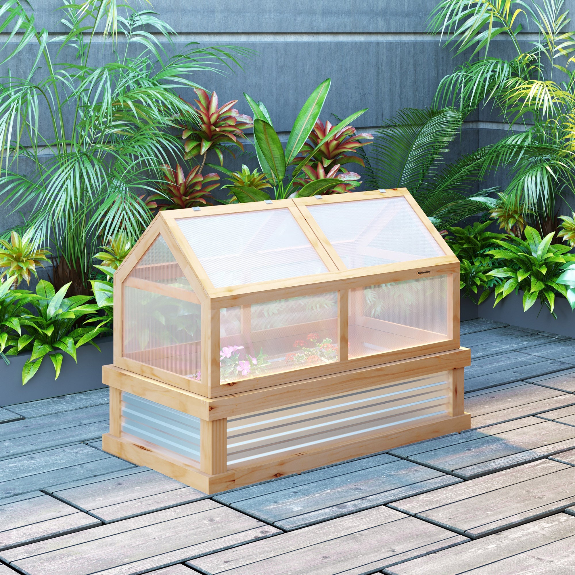 Outsunny 48"x24"x32" Raised Garden Flower Bed Wooden Cold Frame Planter Greenhouse Pointed Open Roofs Natural