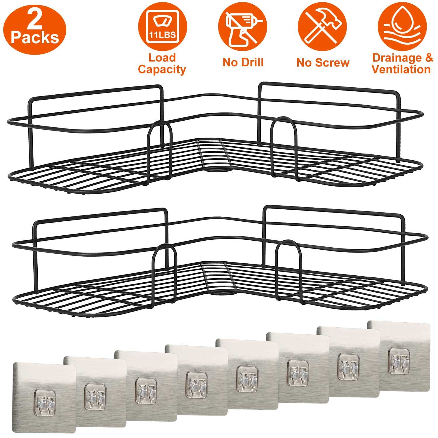 2Pcs Corner Shower Caddy Shelves Wall Mounted Basket Rack Bathroom Shampoo Holder Storage Organizer W/ 8Pcs Adhesive Hooks For Toilet Dorm Kitchen