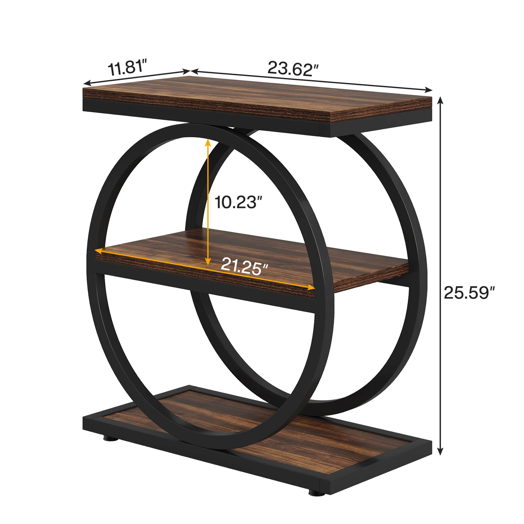 Modern Round Frame Accent Table with 3 Open Storage Shelves – Rustic Brown