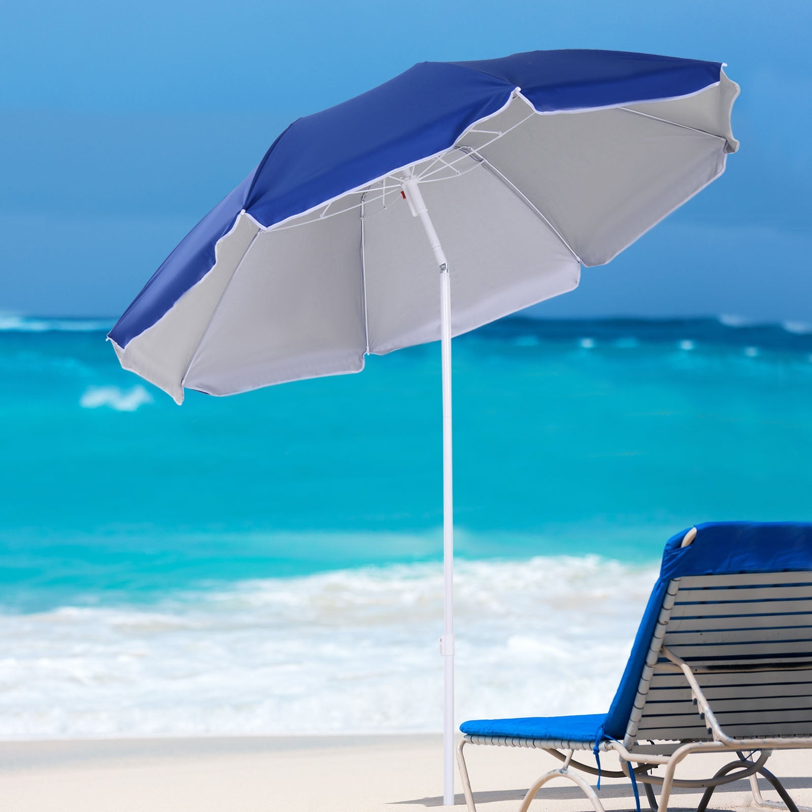 Outsunny 6.7ft Beach Umbrella with Push Button Tilt, Ruffled Outdoor Umbrella with Carry Bag and 8 Ribs, Blue