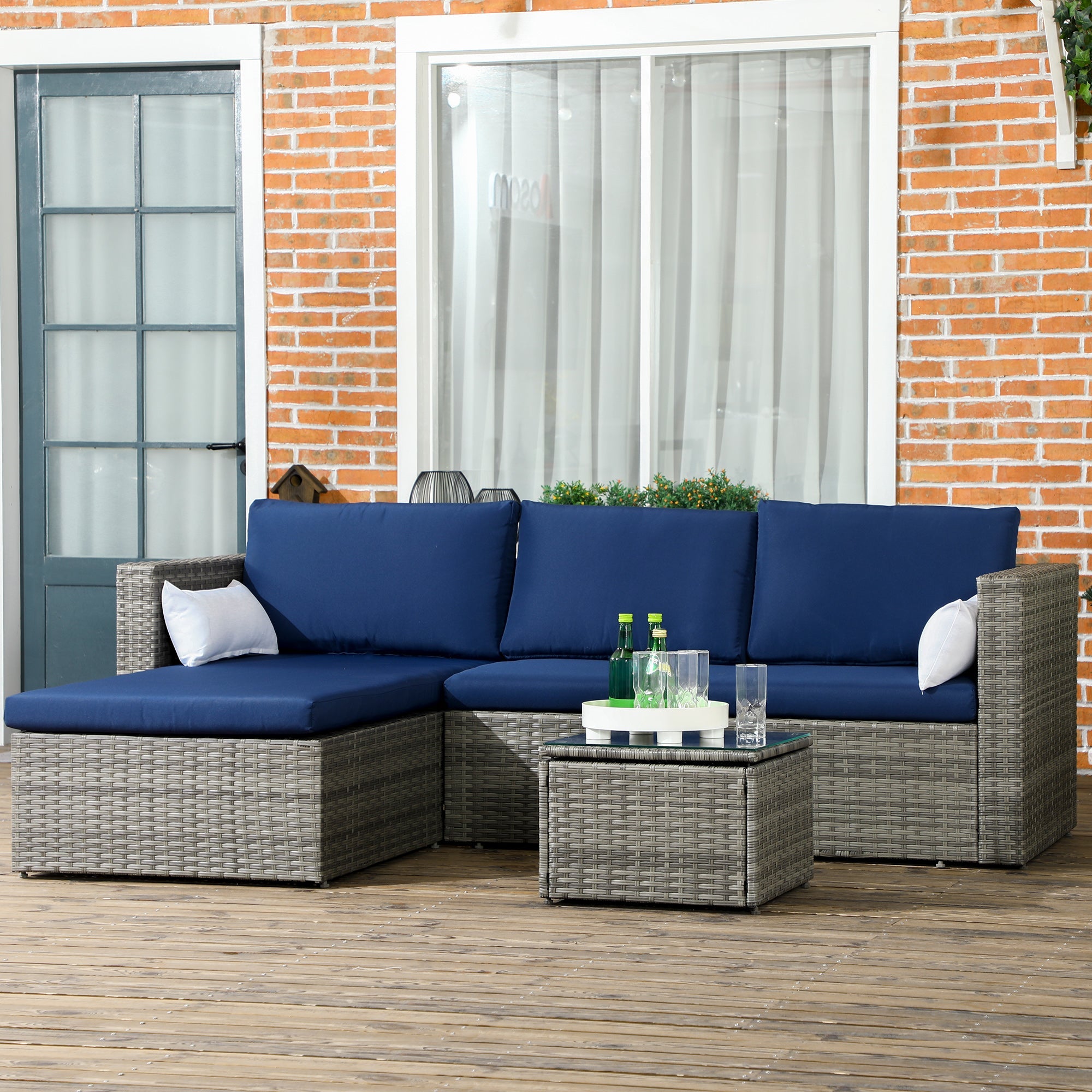 Outsunny Modern 3-Piece Rattan Sofa Set, Wicker Patio Furniture with Coffee Table, Cushions, Pillows for Outdoor