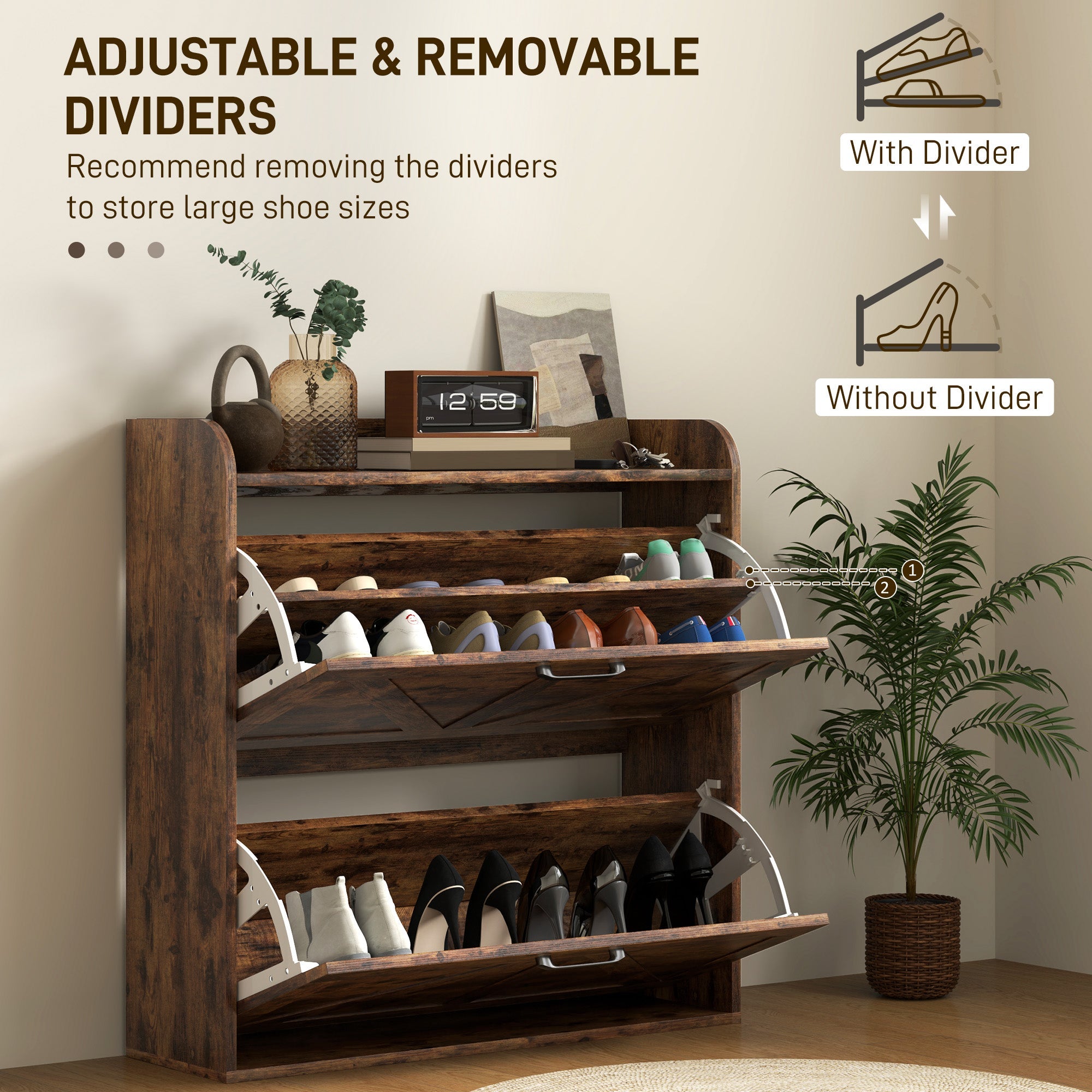 HOMCOM Narrow Shoe Storage Cabinet, Farmhouse Slim Shoe Cabinet with 2 Flip Drawers, Adjustable Shelves, Rustic Brown