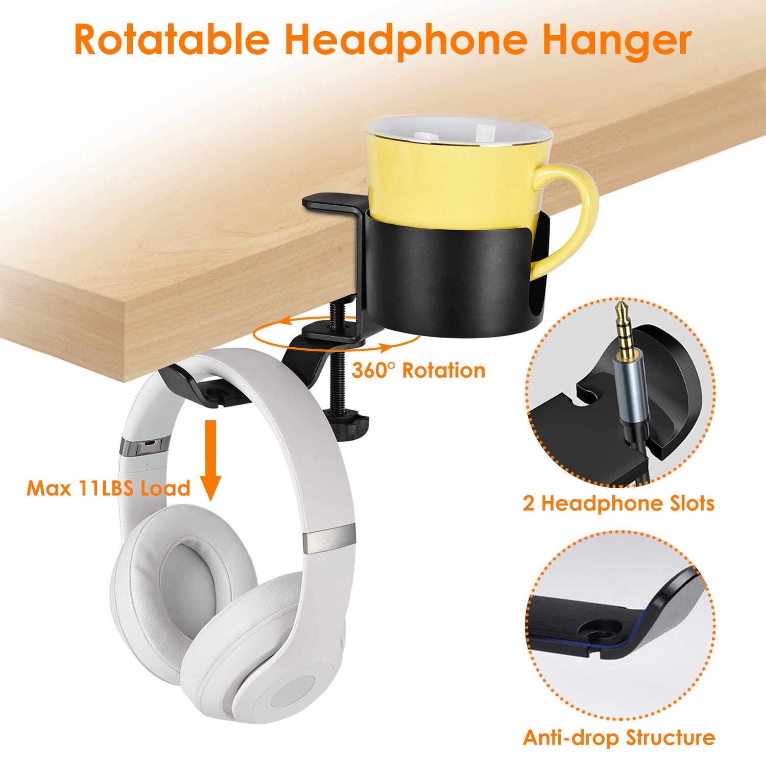Desk Cup Holder 2-In-1 Anti-spill Cup Holder with 360° Rotating Headphone Hanger Desk Space Saver for Office Home