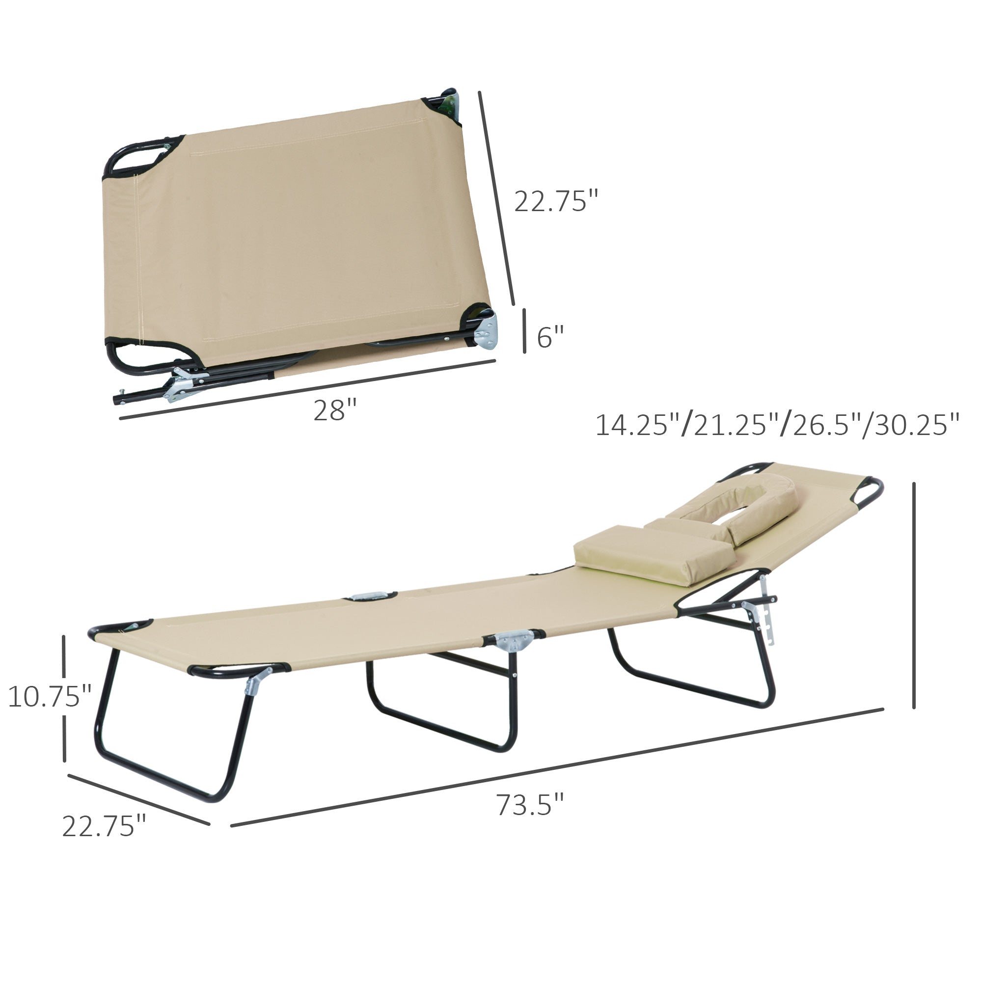Outsunny Outdoor Lounge Chair Garden Folding Chaise with Adjustable Backrest Reading Hole Support Pillow Beige
