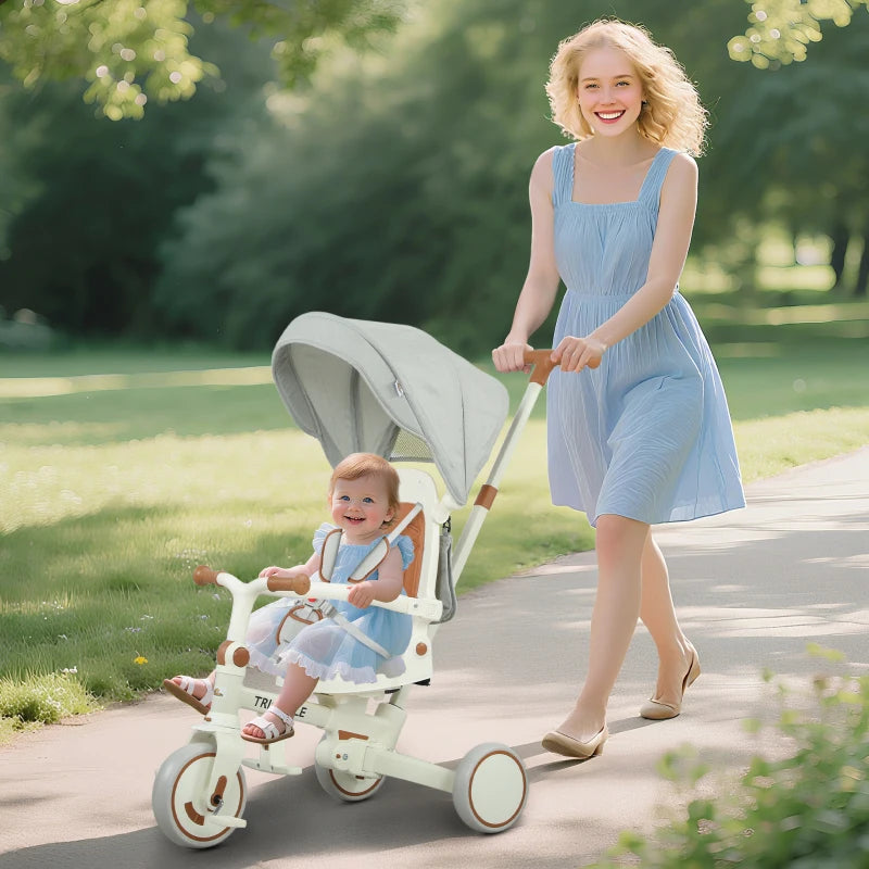 Qaba 7 in 1 Toddler Tricycle w/ Safety Harness, Adjustable & Removable Parent Handle, Canopy, Storage Bag, Brake, Cream White