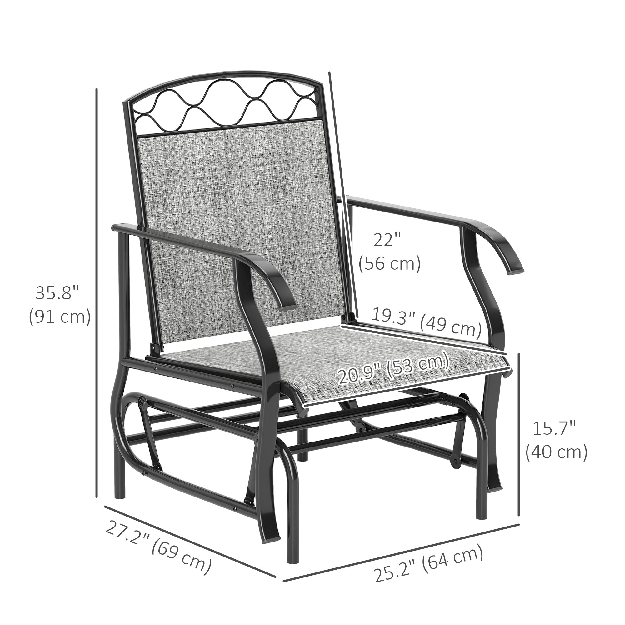 Outsunny Outdoor Glider Chair Set of 2, Patio Swing Chair with Thickened Breathable Mesh Seat, High Back, Steel Frame, Grey