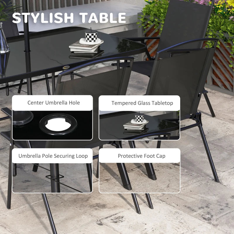 8 Piece Patio Set with Umbrella, 6 Folding Chairs, Rectangle Table, Outdoor Dining Set for 6 with Mesh Seat, Black