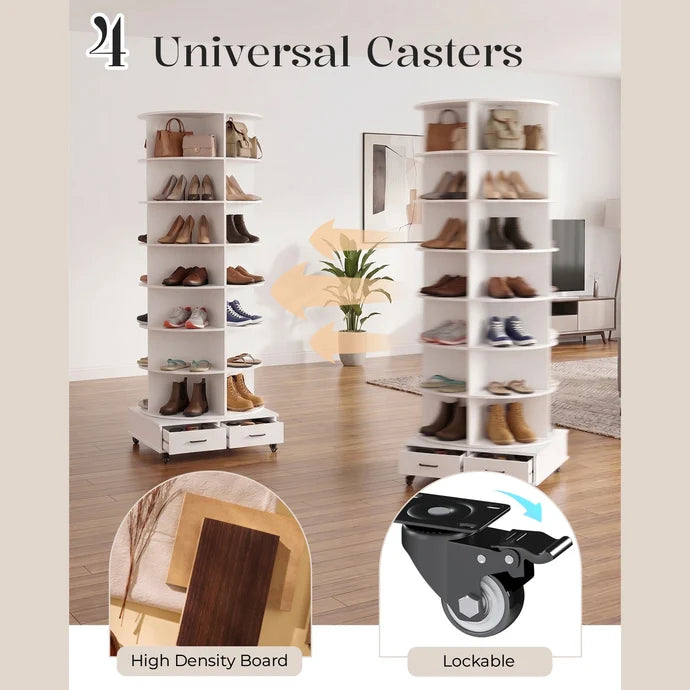 AECOJOY 8-Tier Rotating Shoe Rack with 2 Drawers & 4 Lockable Casters