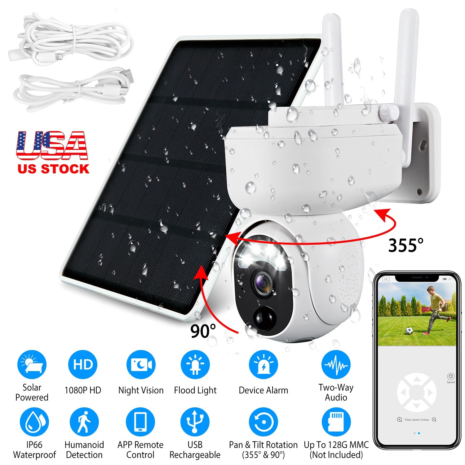 Solar WIFI Security Camera IP66 Waterproof USB Battery Powered 2.4G WiFi Wireless 1080P Surveillance Camera with Flood Light Night Vision Human Detect