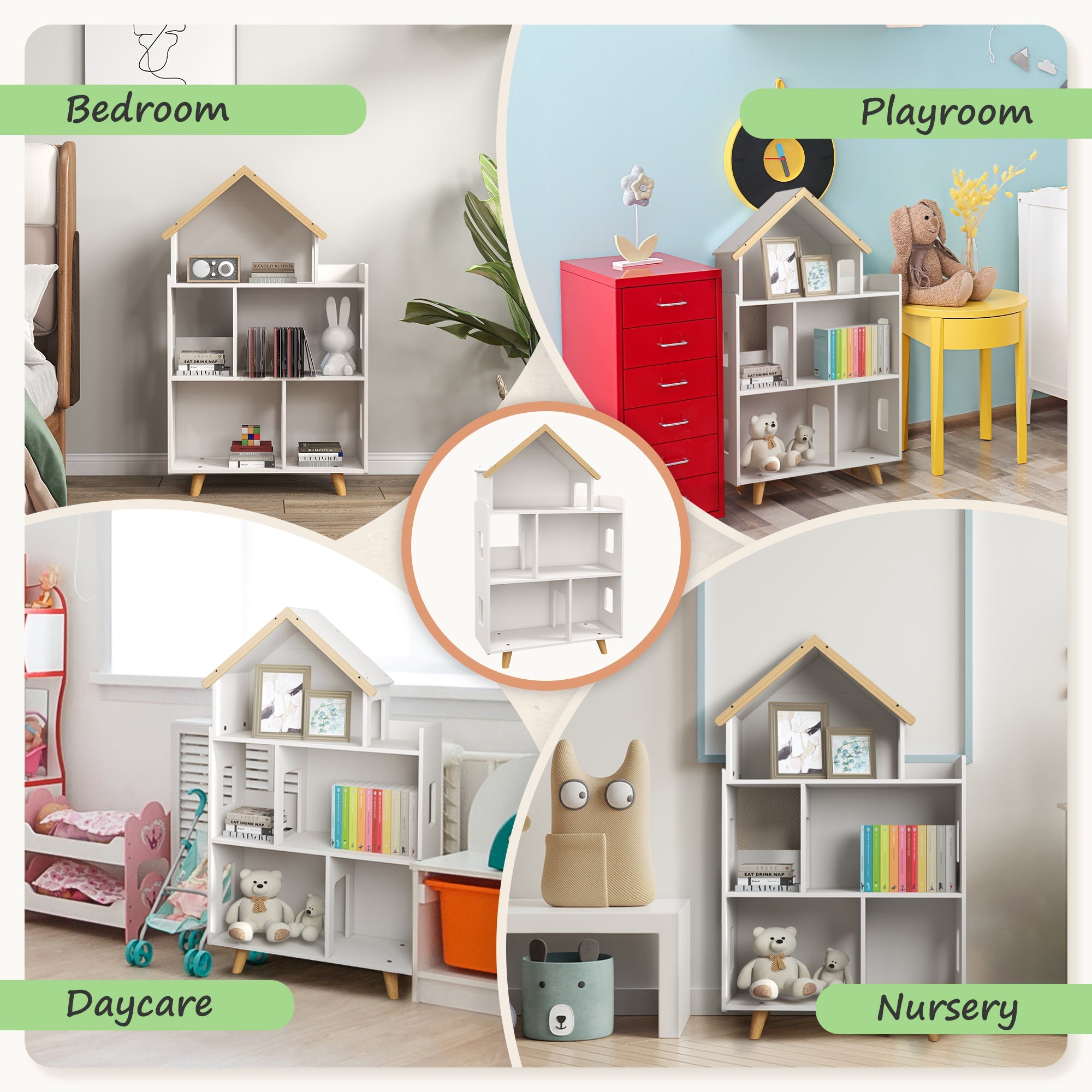 Qaba Toy Storage Organizer Cabinet 3 Tier Kids Bookshelf Playroom Room Nursery Kindergarten White