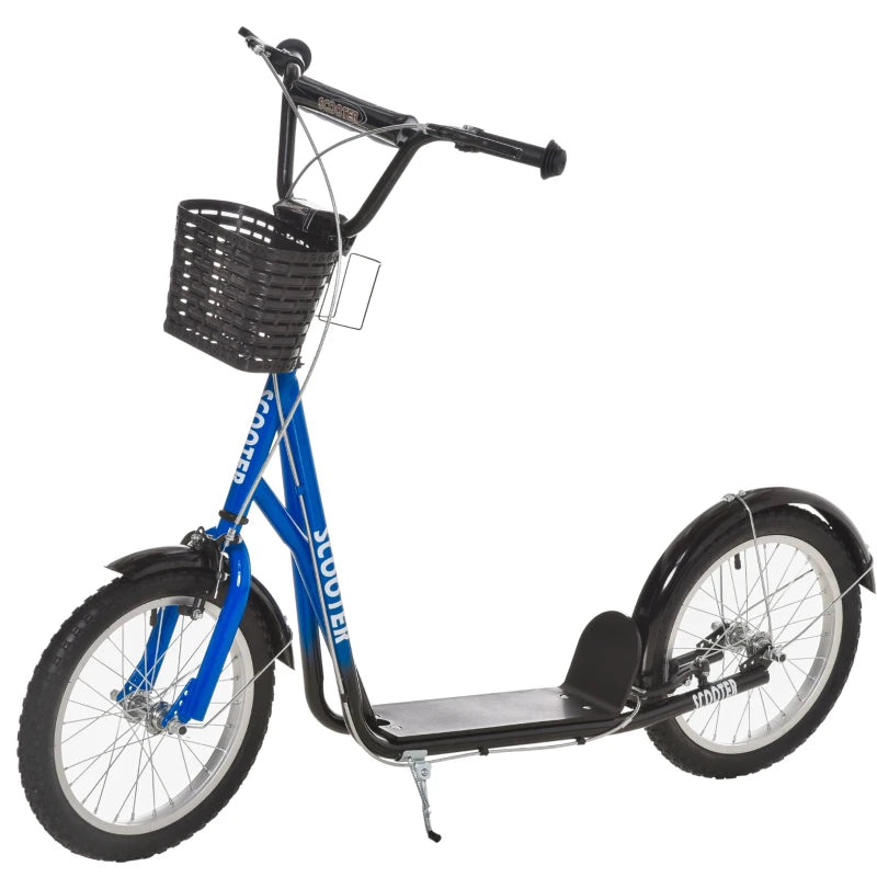 Aosom Kick Scooter with Adjustable Handlebar, Kids Scooter with 2 Brakes Basket Cupholder 16" Inflatable Rubber Tyres Blue