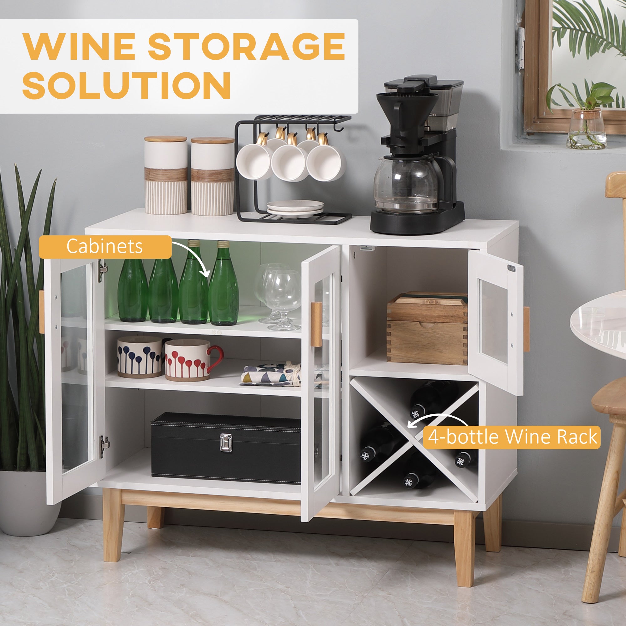 HOMCOM Buffet Cabinet with Wine Rack Glass Doors Adjustable Shelves Coffee Bar Living Room
