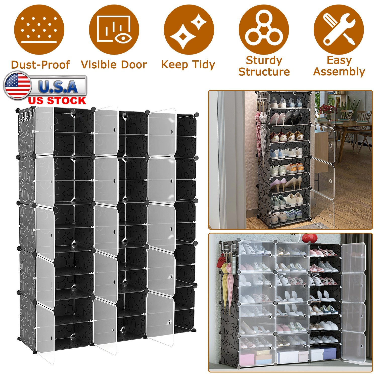 10-Tier 3-Row Shoe Rack Organizer Stackable Free Standing Shoe Storage Shelf Plastic Shoe Cabinet Tower with Transparent Doors for Heels Boots Slipper