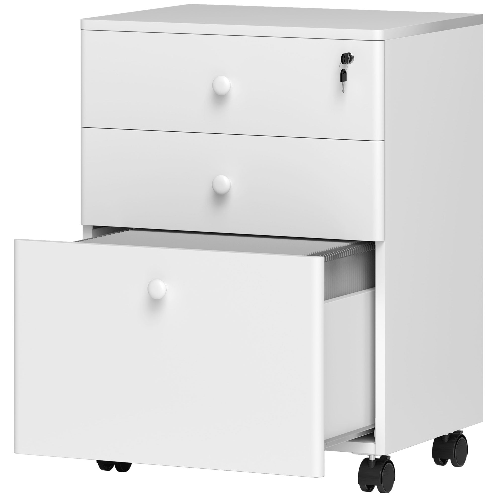 HOMCOM 3-Drawer Small Filing Cabinet with Lock, Vertical Office Storage Cabinet with Wheels for Home Office, White
