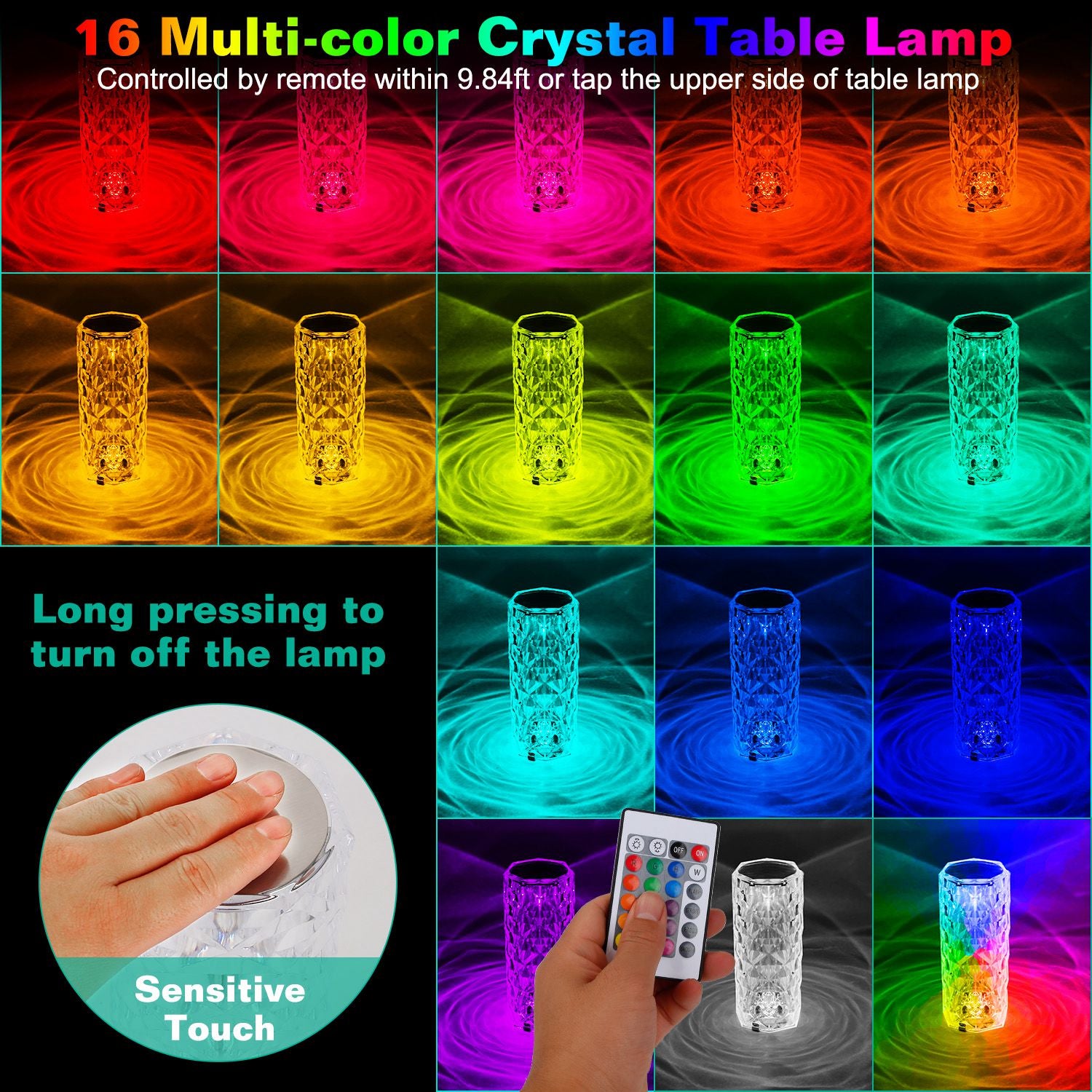 Crystal Diamond Rose Table Lamp Dimmable Remote Touch Control Beside LED Night Light Rechargeable 16 Color Change Atmosphere Bar Lamp