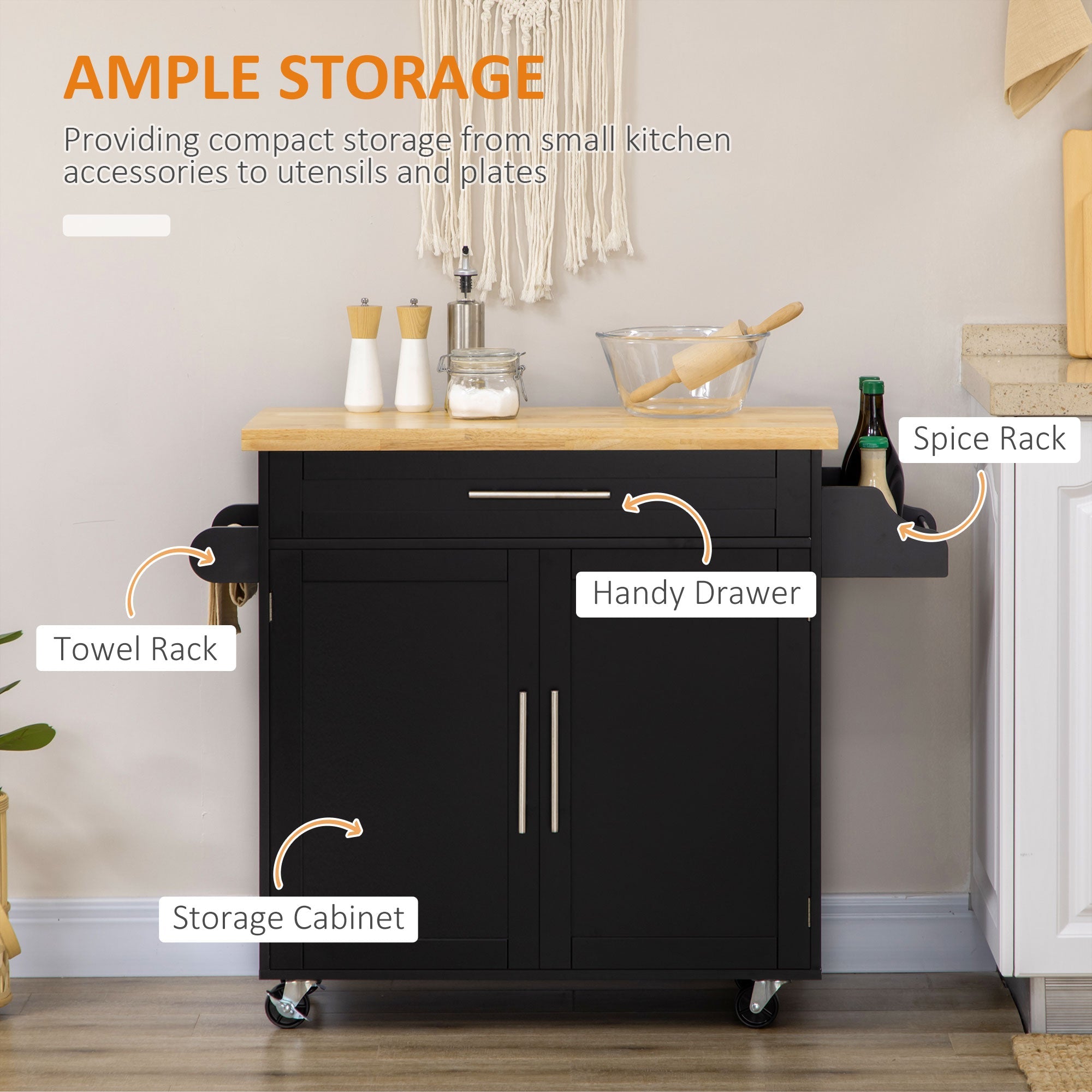 HOMCOM Kitchen Island with Storage, Rolling Cart Trolley with Rubberwood Top, Adjustable Shelf, Drawer, Spice Rack, Black