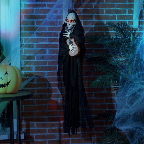 HOMCOM 4.3 Outdoor Halloween Decoration Animatronic Guitar-playing Grim Reaper, Sound And Motion Activated Animated Prop With Light Up Eyes Guitar Music