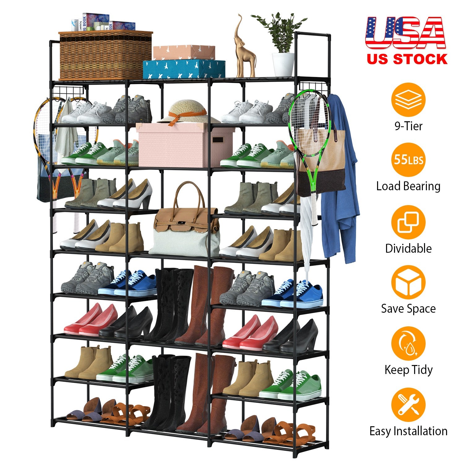 9 Tiers Shoe Rack Metal Shoe Storage Shelf Free Standing Large Shoe Stand 50-55 Pairs Shoe Tower Unit Tall Shoe Organizer with 2 Hooks for Entryway Cl