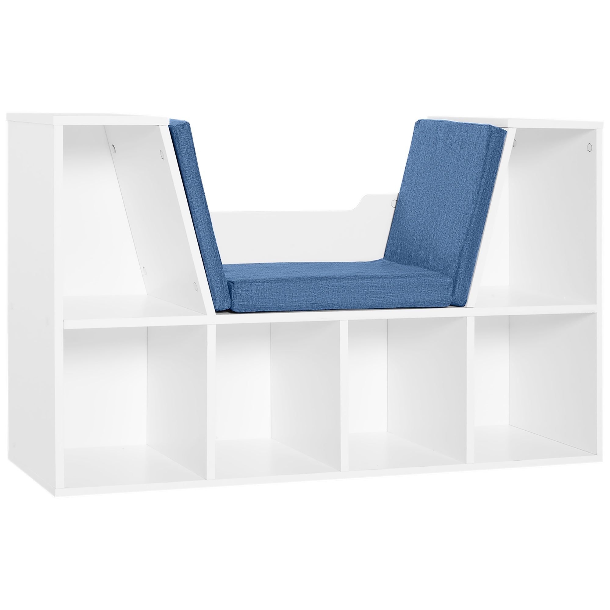 HOMCOM Kiddie Cubby Bliss: 6-Cubby Bookcase with Cushioned Reading Nook, Storage Organizer Cabinet Shelf in White & Blue