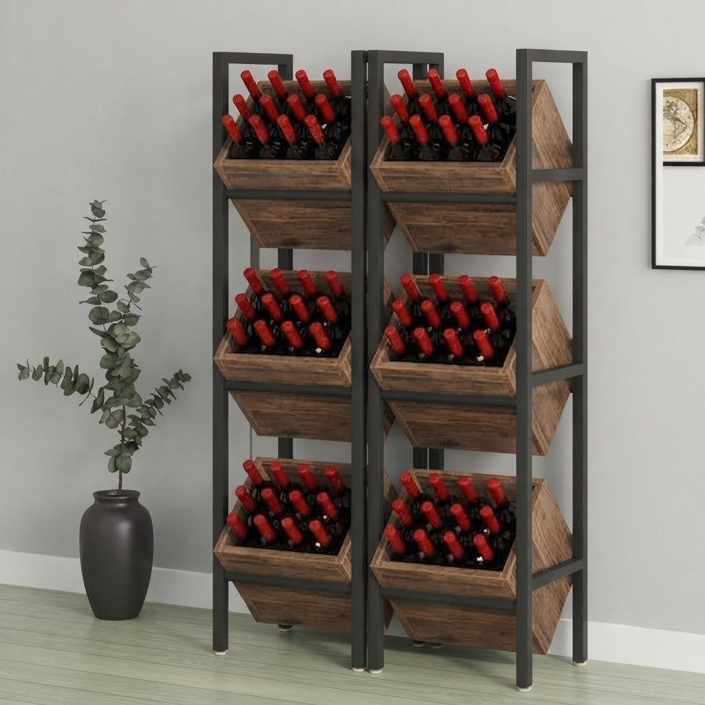 Industrial Wine Rack, 3-Tier Freestanding Wine Storage Stand for 36 Bottles, Rustic Brown & Black