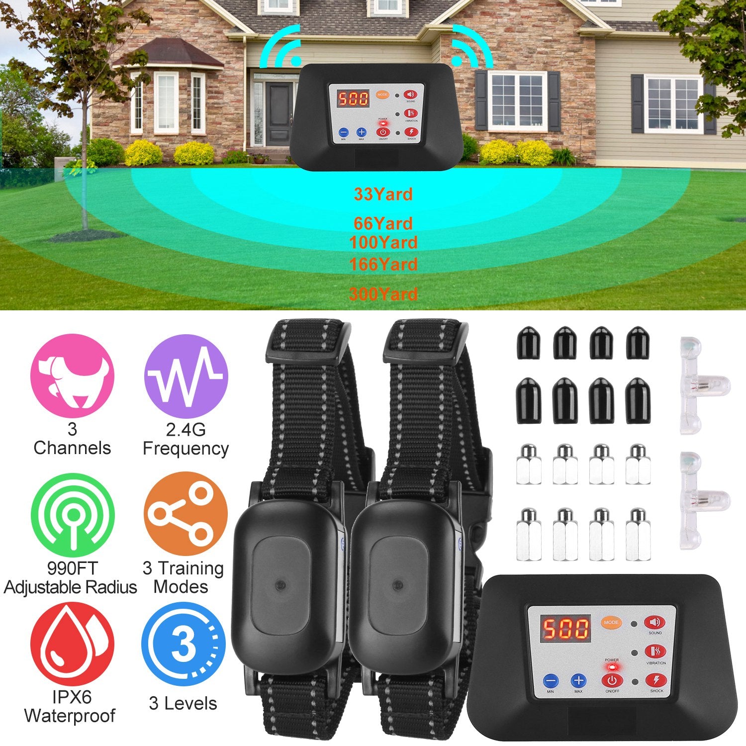 990FT Radius Dog Training Collar Wireless Fence IPX6 Waterproof Pet Beep Vibration Electric Shock Fence System 3 Channels Rechargeable Transmitter Rec