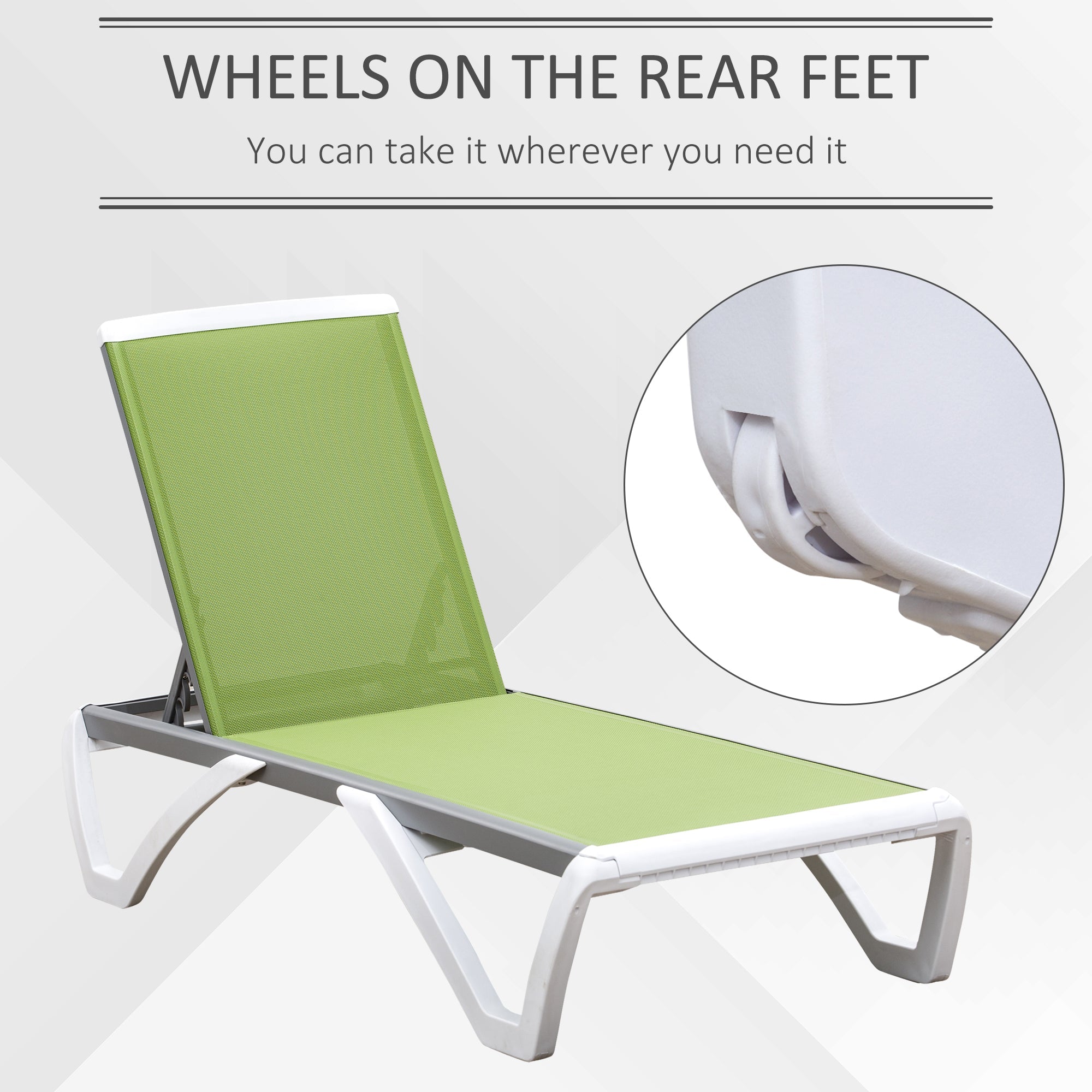 Outsunny Portable Mesh Chaise: Adjustable Outdoor Lounge Chair with Wheels for Breathable Relaxation, Green Hue