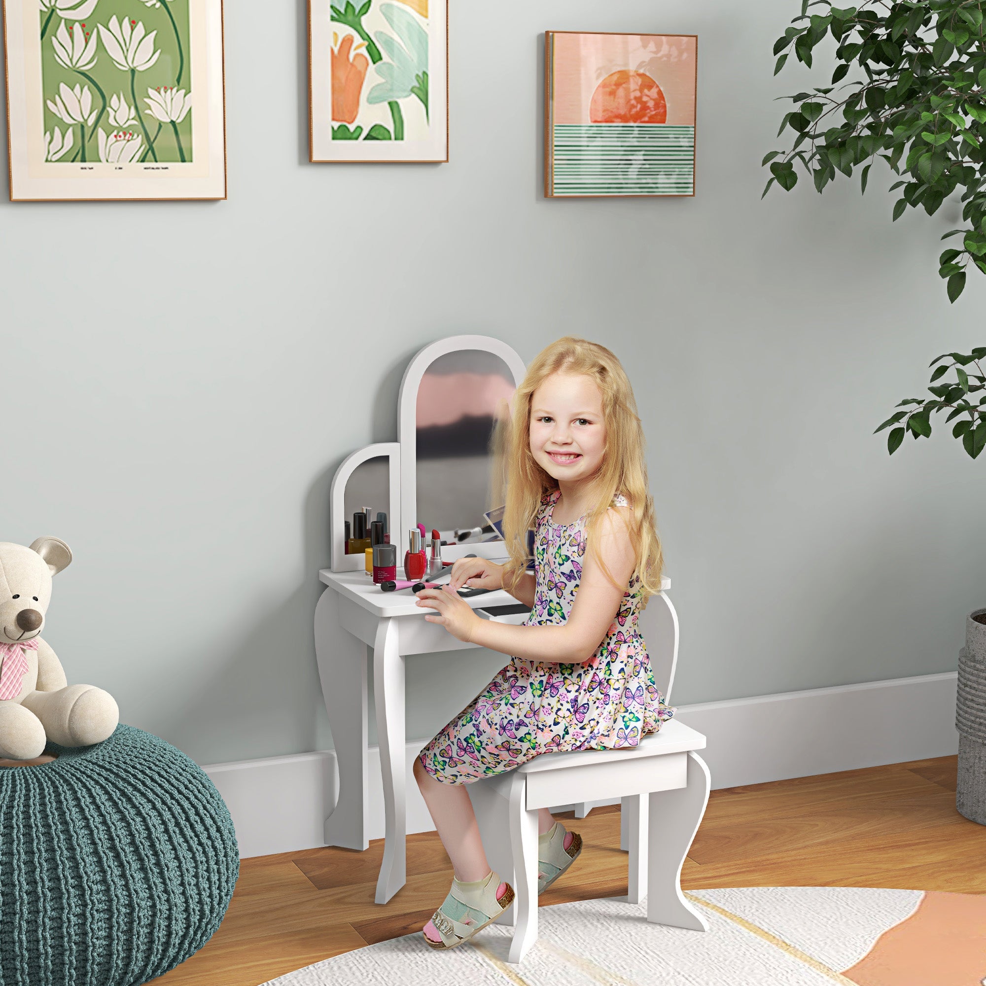 Qaba Kids Dressing Table and Chair Set, Girls Dressing Set, Makeup Desk with Drawer for 3-6 Years Old Kids, White
