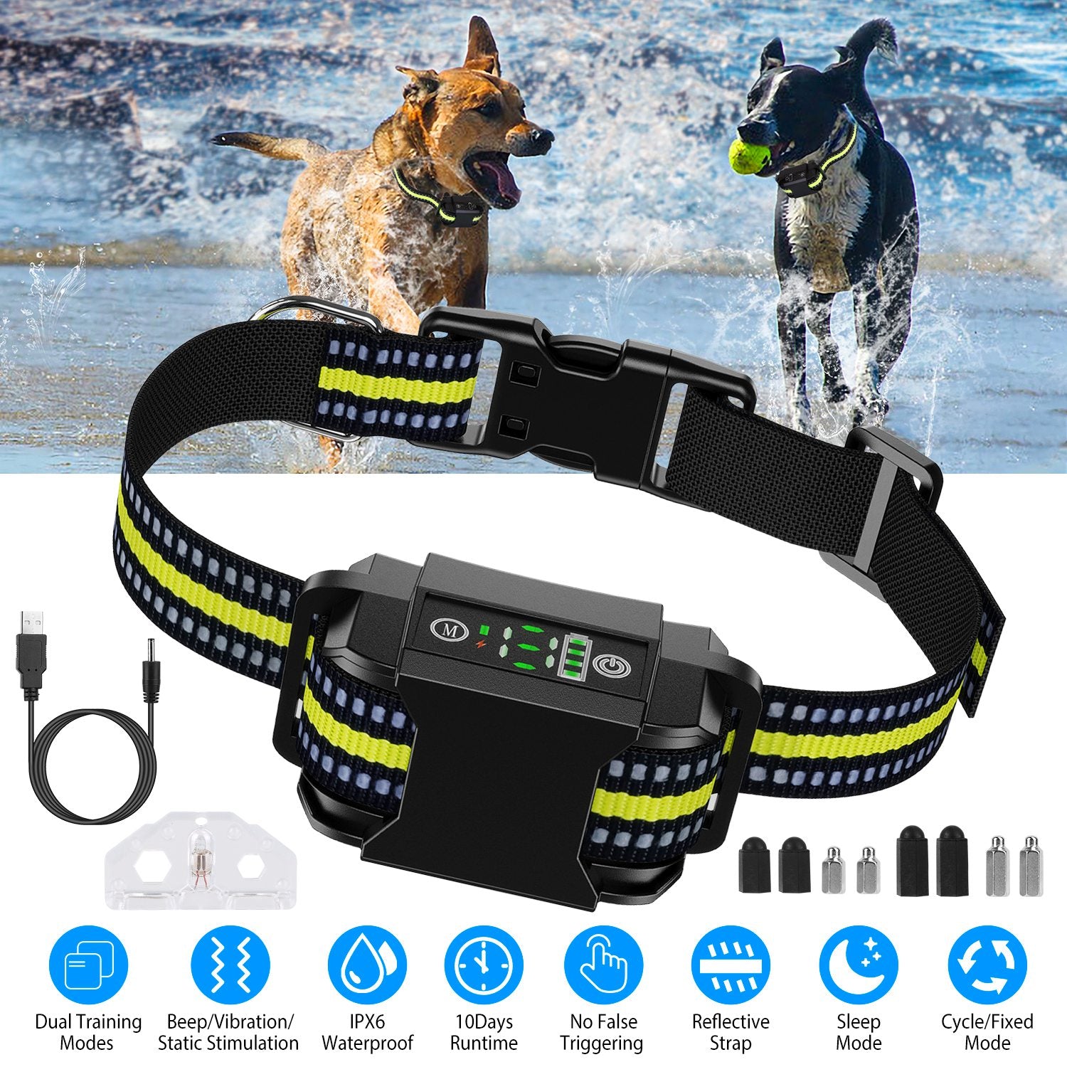 Dog Bark Collar Rechargeable Waterproof Beep Vibration Static Stimulation Bark Stopper Automatic Identification Collar with 6 Intensity Dual Modes