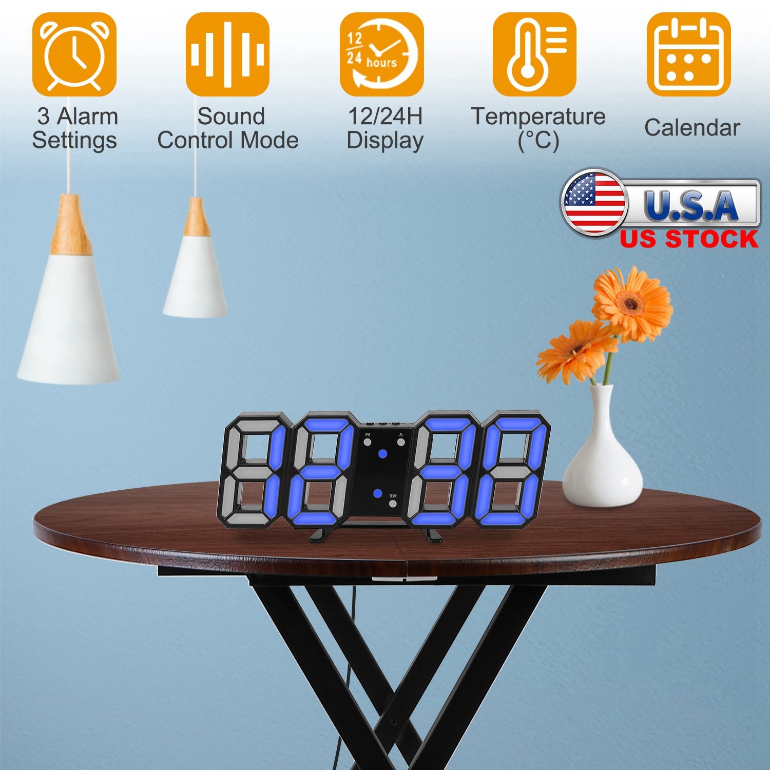 3D LED Digital Wall Clock Sound Control Table Desk Alarm Clock w/ 3 Auto Adjustable Brightness Snooze Date Temperature 12/24Hr Time Display For Office