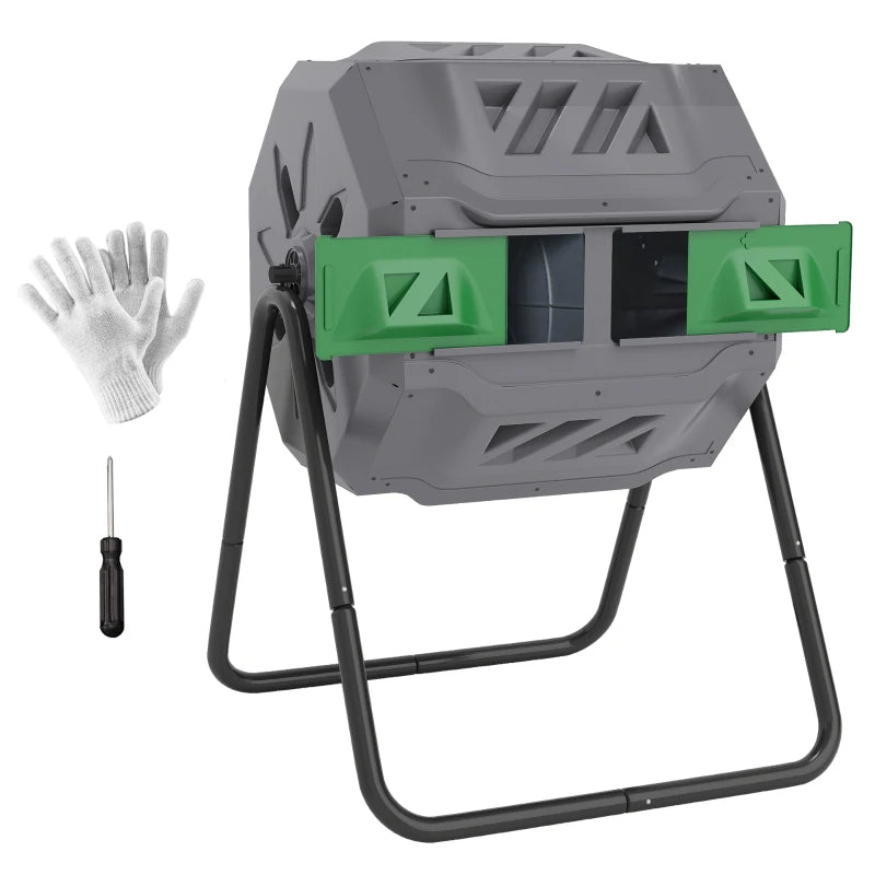 Tumbling Compost Bin Outdoor Dual Chamber 360° Rotating Composter 43 Gallon with Sliding Doors, Dark Green