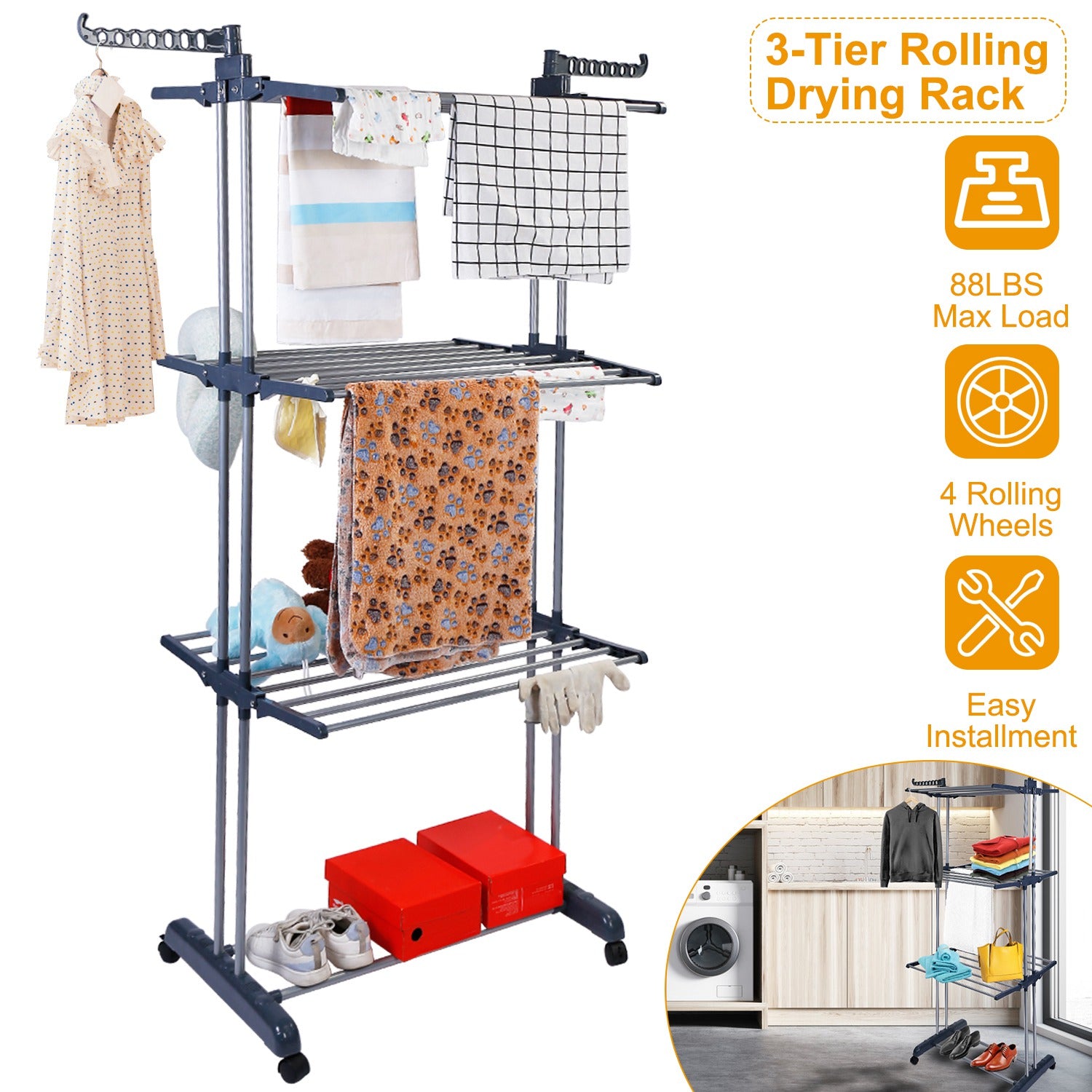 Clothes Drying Rack Rolling Collapsible Laundry Dryer Hanger Stand Rail Shelve
Wardrobe Clothing Drying Racks w/ Dual Side Wings