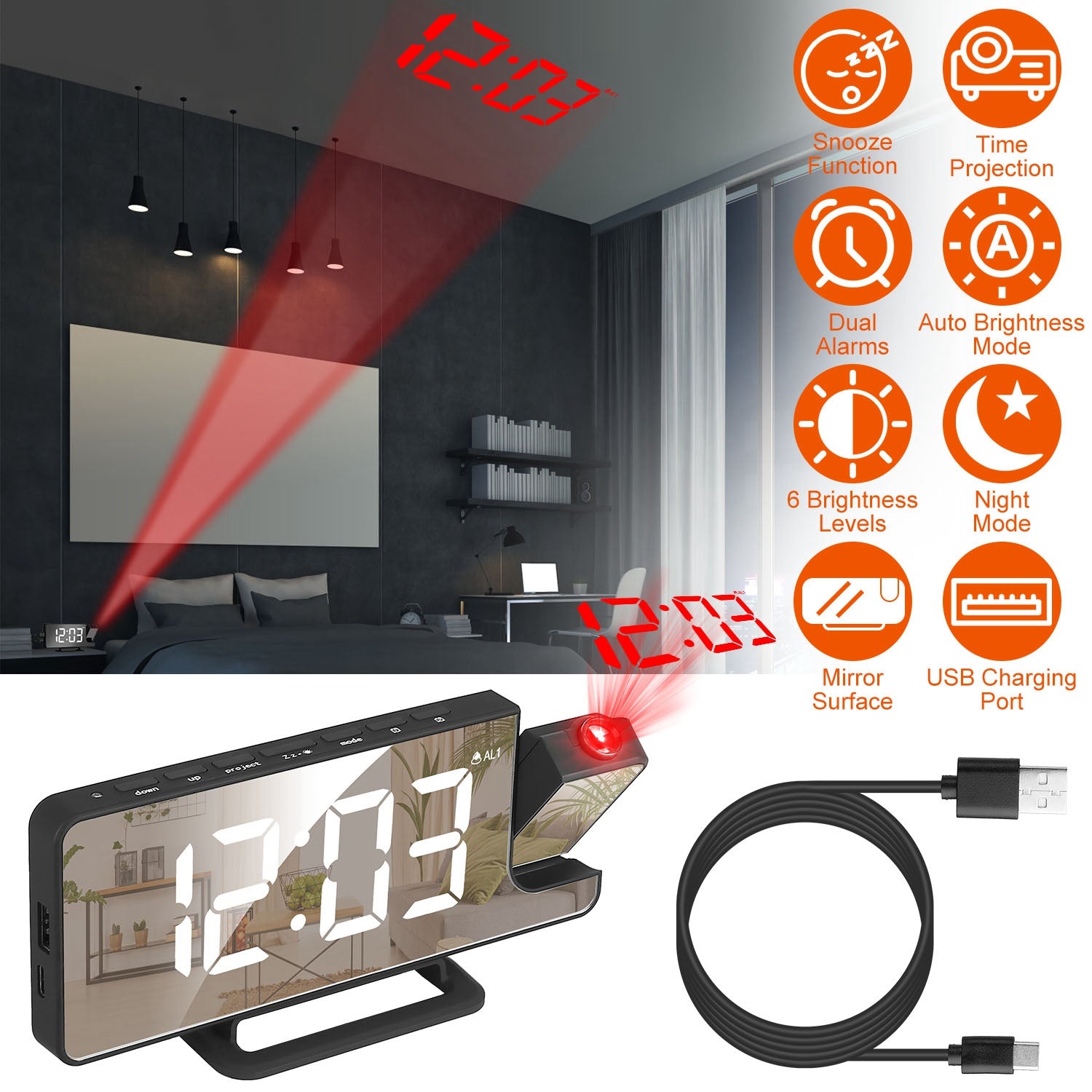 Projection Alarm Clock LED Digital Alarm Clock with Dual Alarms Snooze Function 6 Dimmer 12/24 Hour USB Port 7.7In Mirror
