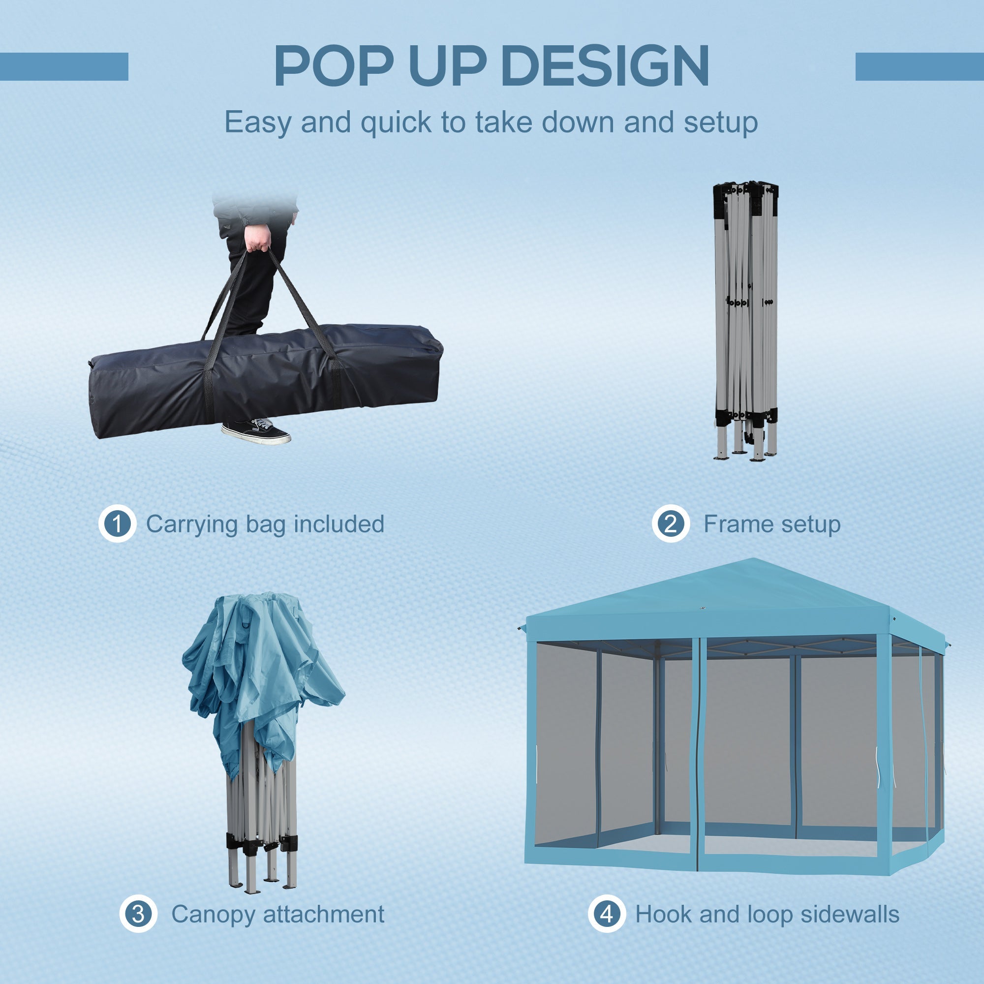 Outsunny 10' x 10' Pop Up Canopy Tent Gazebo with Removable Mesh Sidewall Netting, Carry Bag for Backyard Patio Outdoor, Light Blue