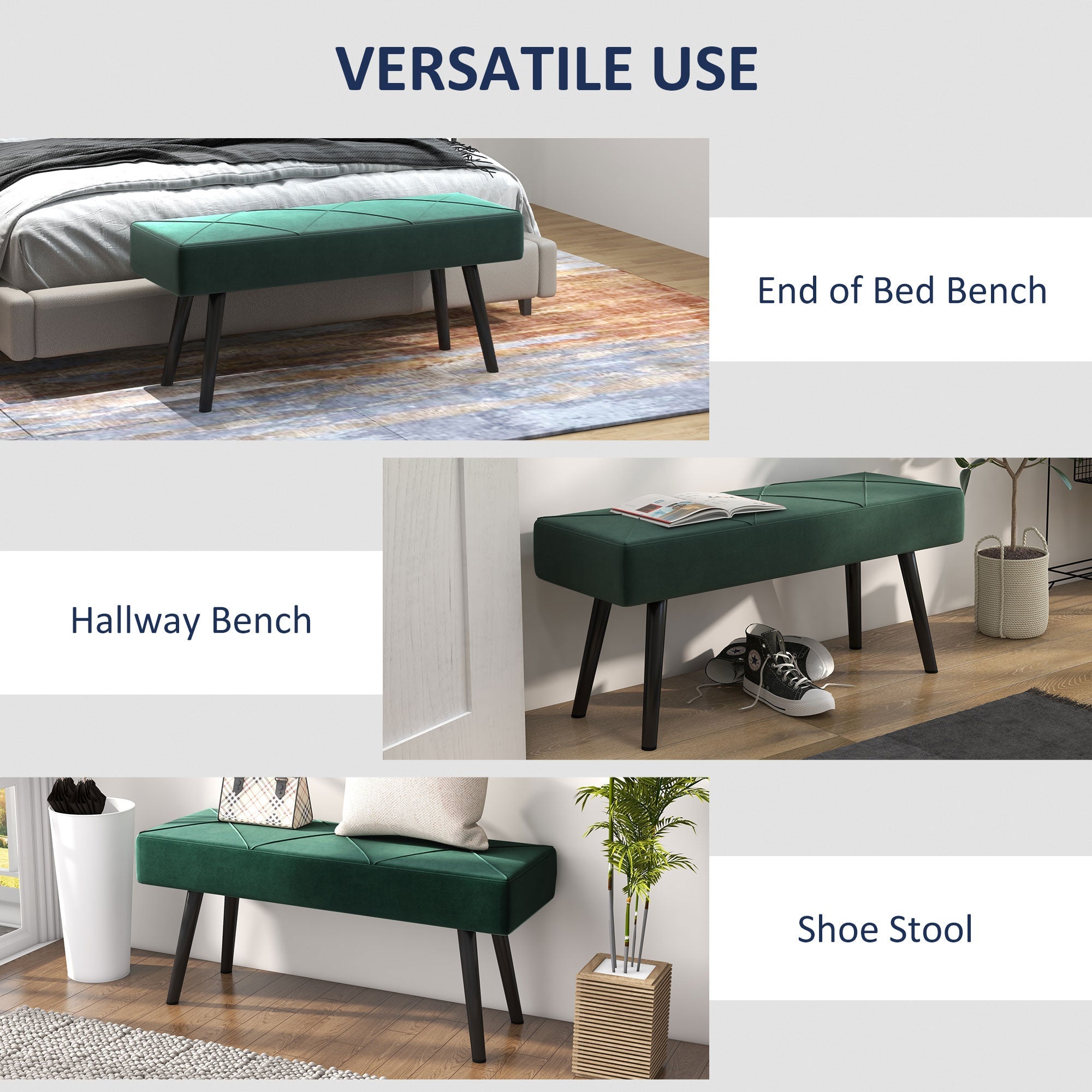 HOMCOM 39 Inches Upholstered Bedroom Bench, Modern End of Bed Bench with Steel Legs, Green