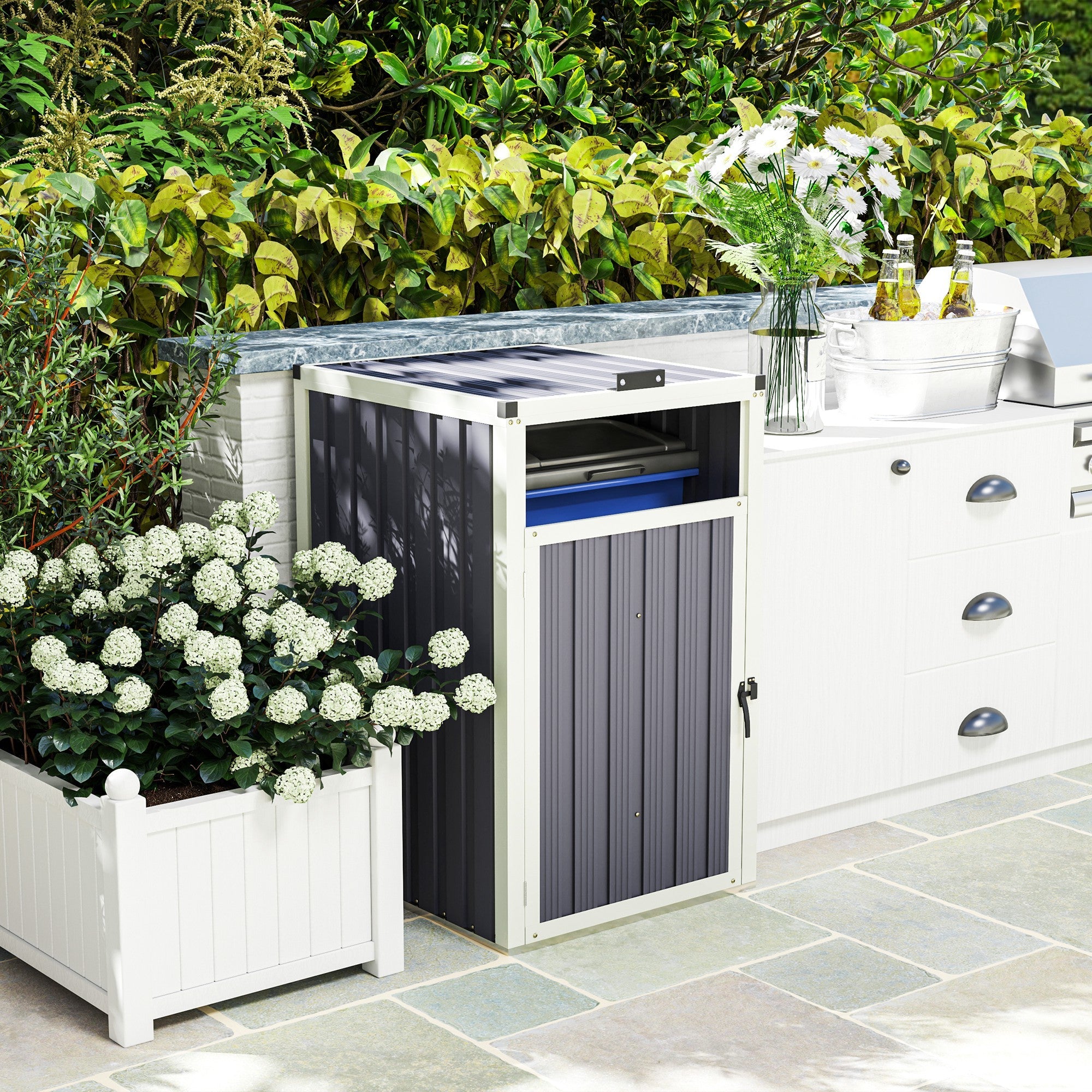 Outsunny Single Garbage Bin Shed, Lockable Outdoor Storage Shed with Openable Lid, Galvanized Frame for Garden Patio, Dark Grey