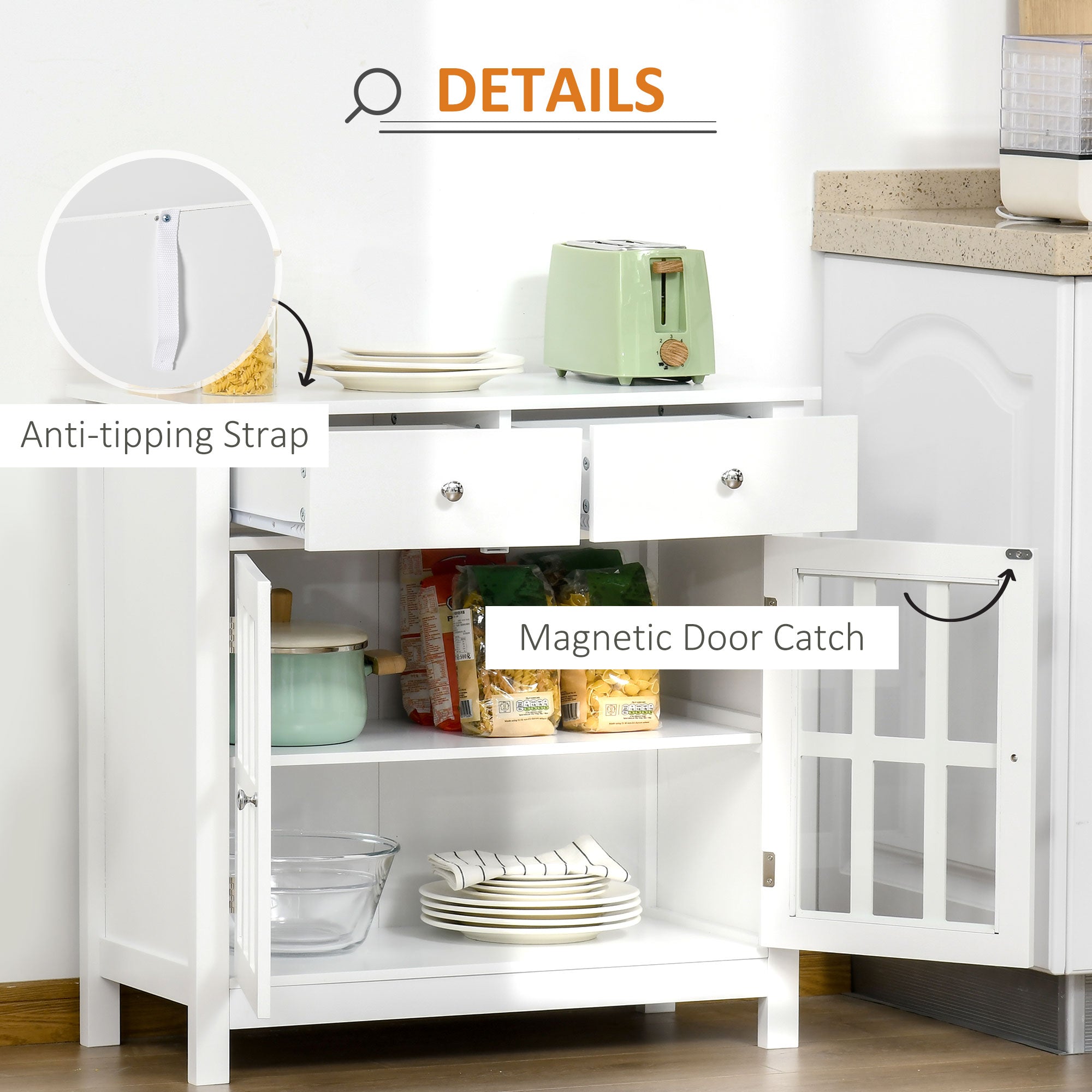 HOMCOM White Glass Door Bar Cabinet: Sideboard Buffet Kitchen Storage Cupboard Console Table with Drawers for Bar