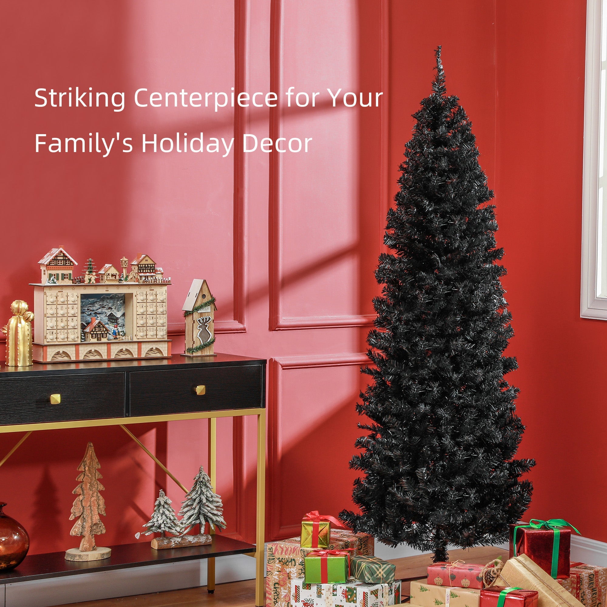 HOMCOM 6FT Pencil Christmas Tree, Artificial Christmas Tree with Automatic Open for Home Party, Black