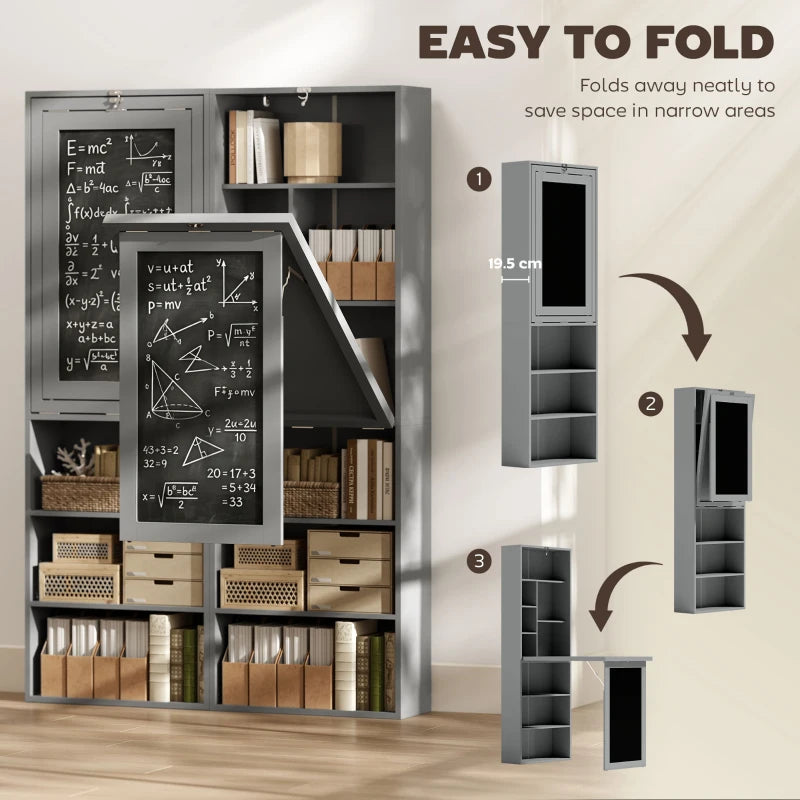 Fold-out Convertible Office Desk, Wall Mount Computer Desk with Blackboard and Side Shelf, Charcoal Grey