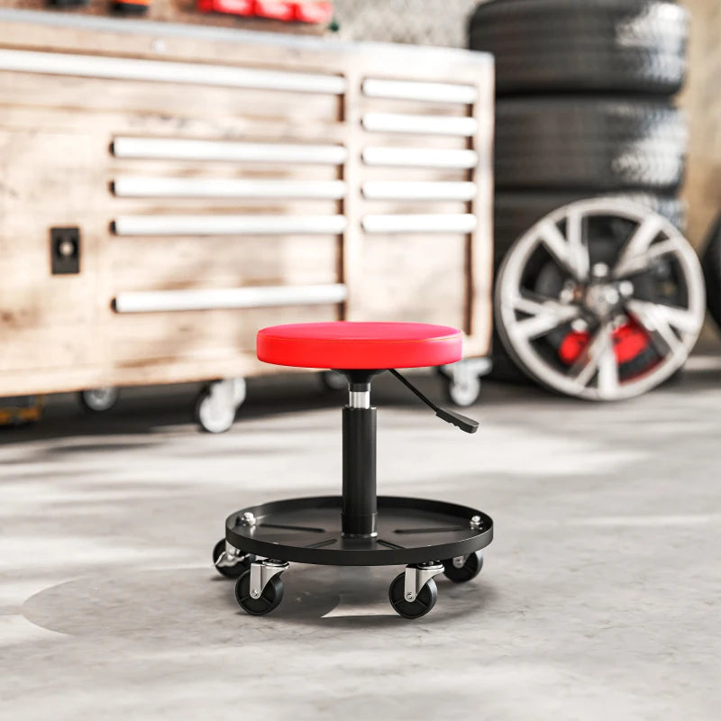 Rolling Garage Stool, 300 LBS Capacity Padded Mechanic Stool with 2.5" Wheels, Adjustable Height 15" -19.7", Red