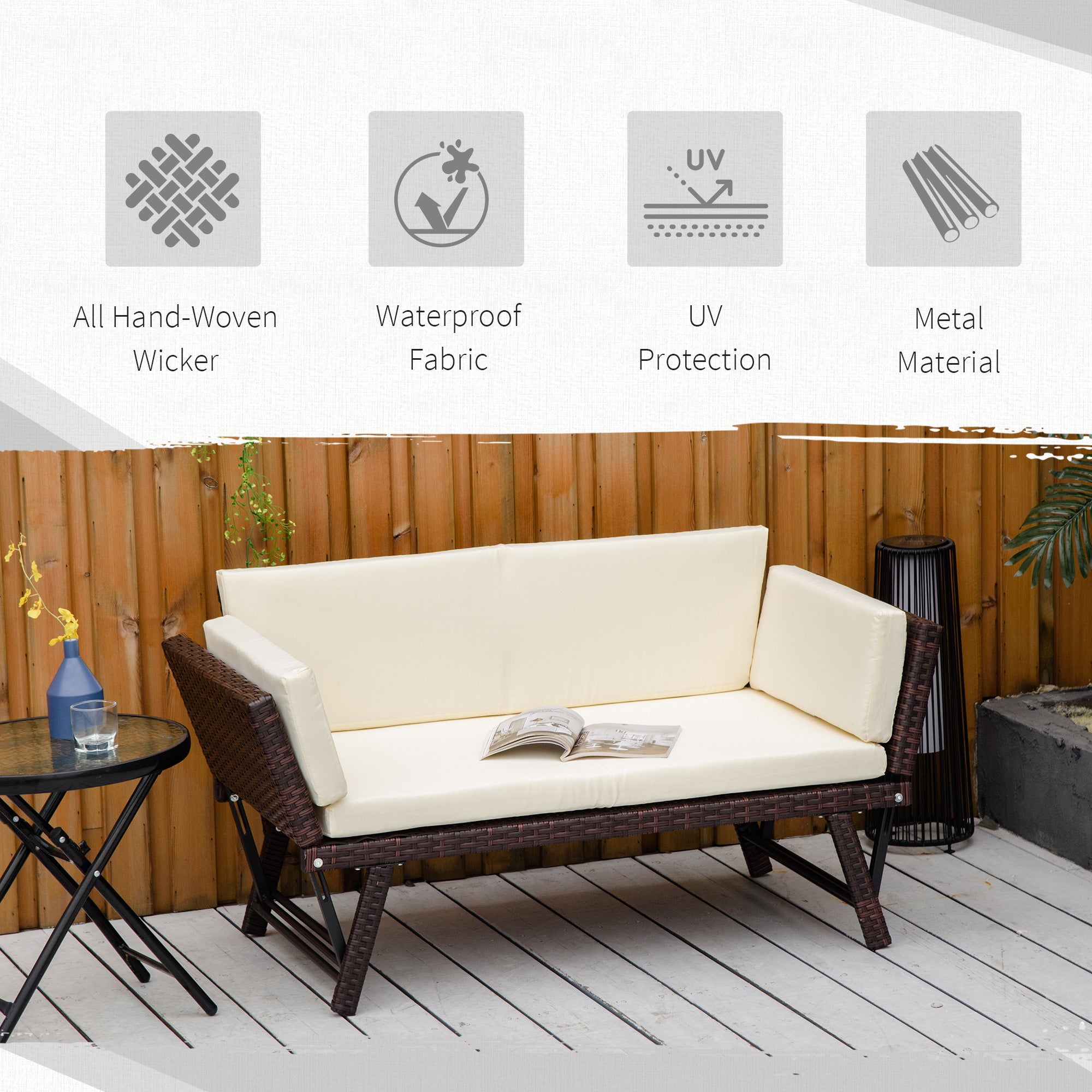 Outsunny Convertible Rattan Sofa Bed Chaise Lounge Wicker Loveseat Double Seat Cushion All Weather Patio Furniture Brown