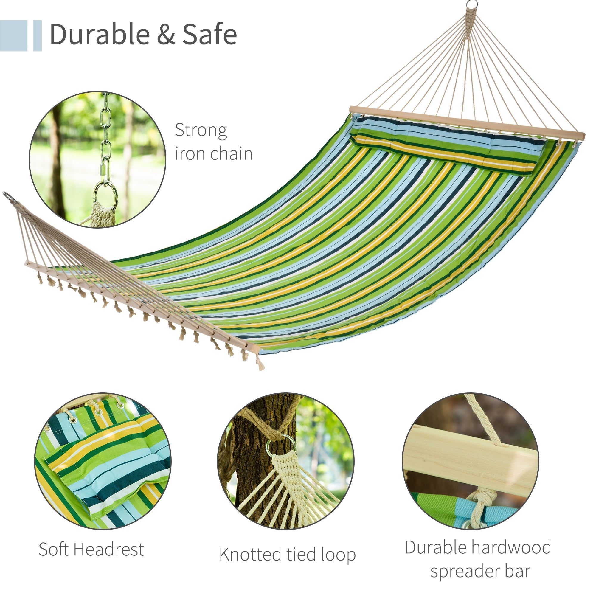 Outsunny Hammock Bed 83" Wide Striped 2 Person Sunbed Outdoor Camping with Pillow White Stripe