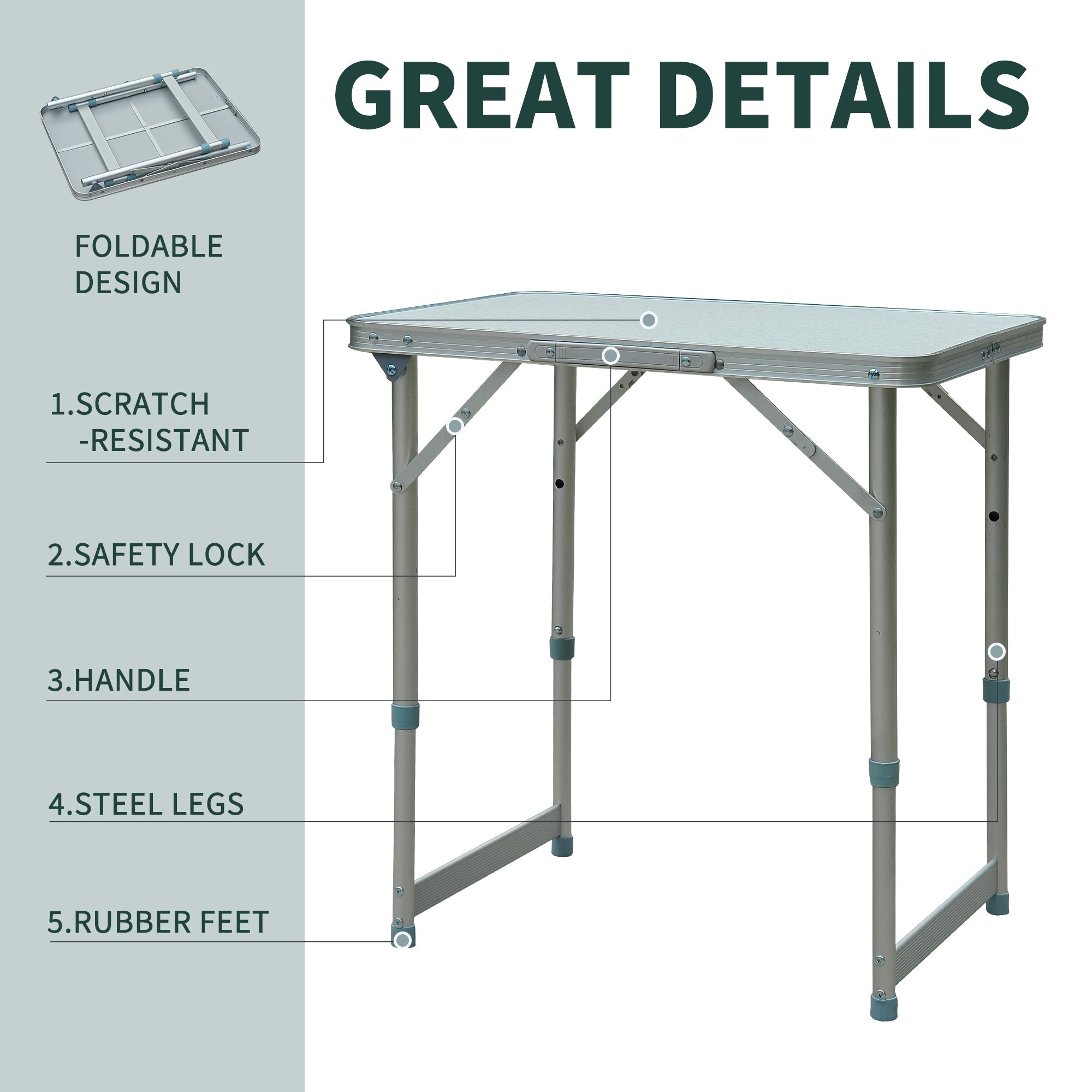 Outsunny Portable Folding Picnic Table Adjustable Patio Camping Dining Aluminum Silver