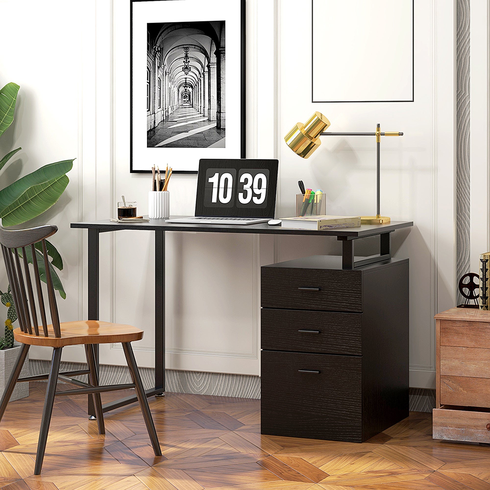 HOMCOM Elegant Office Desk: 47" Workstation with Drawers & File Cabinet for Home Office Study, Black Finish