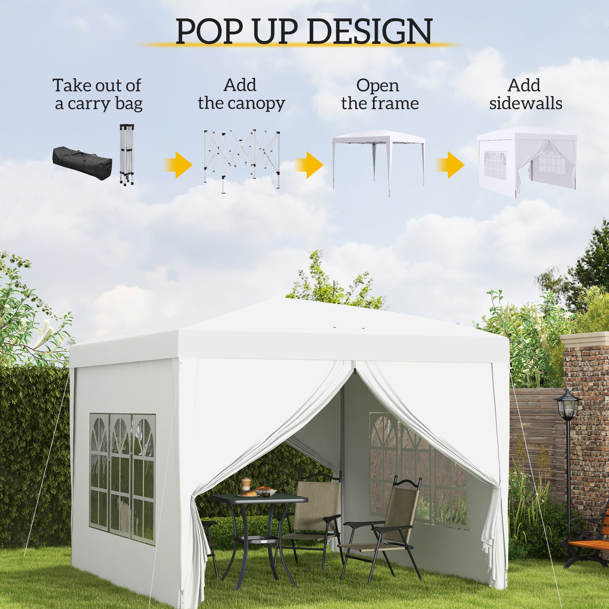 Outsunny 10'x10' Pop Up Party Tent Outdoor Wedding Gazebo Canopy Carrying Bag White