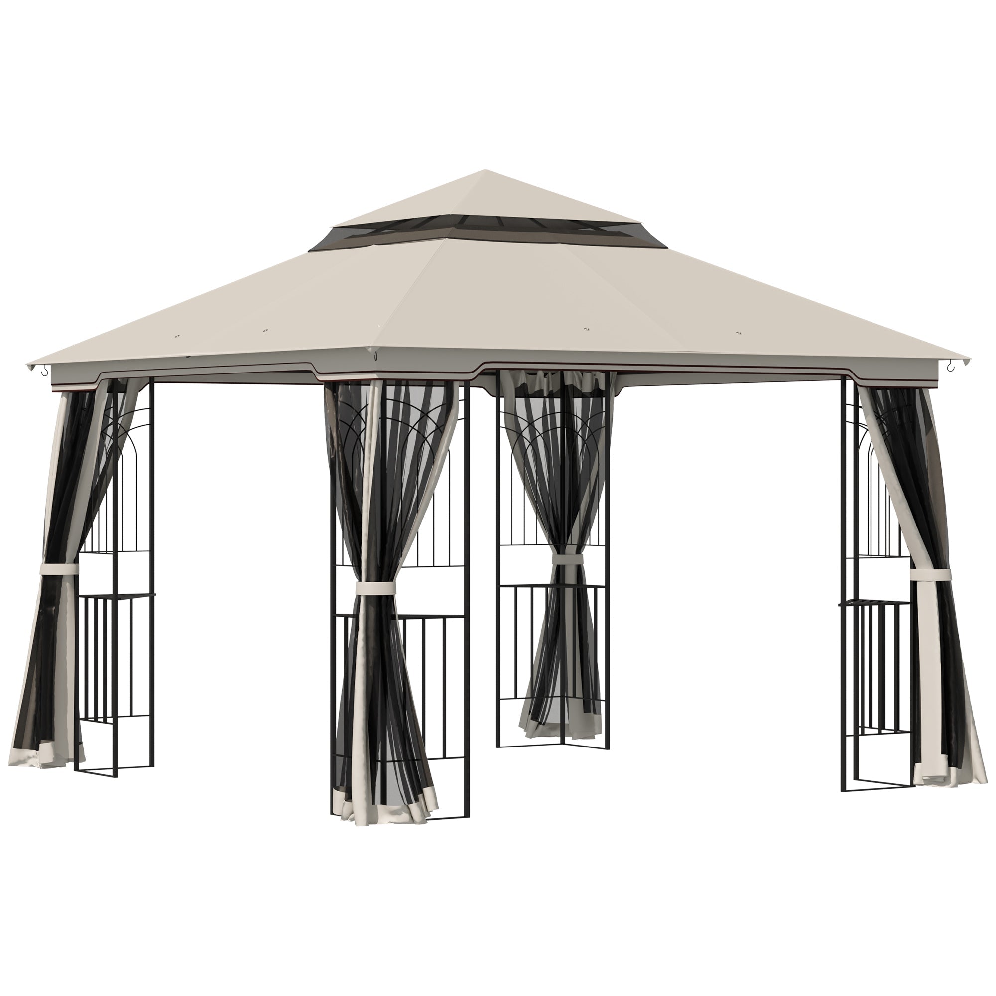 Outsunny 10'x10' Soft-top Patio Gazebo Deck Canopywith Double Tier Roof, Removable Mesh Curtains, Display Shelves, Top Hooks, Beige