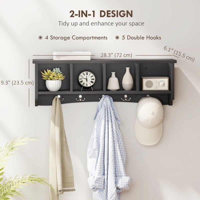 Coat Rack Wall Mount with Shelf, 28" Wall Coat Rack with 5 Hooks and 4 Compartments for Living Room, Entryway, Black