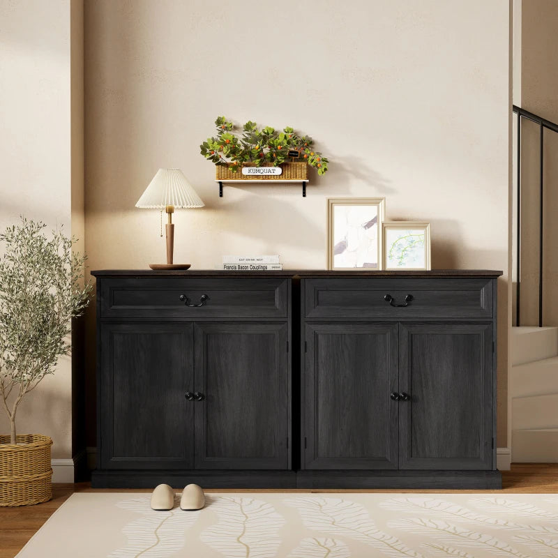 Buffet Cabinet, 32" Farmhouse Sideboard with Thick Top, Quiet Drawer and Adjustable Shelf, Black Wood Grain