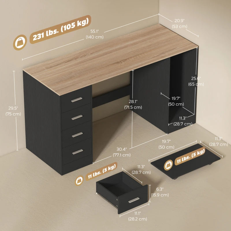 Office Desk, 55" Computer Desk with 4 Reversible Drawers, Mobile PC Stand, Adjustable Shelf, Black Wood Grain