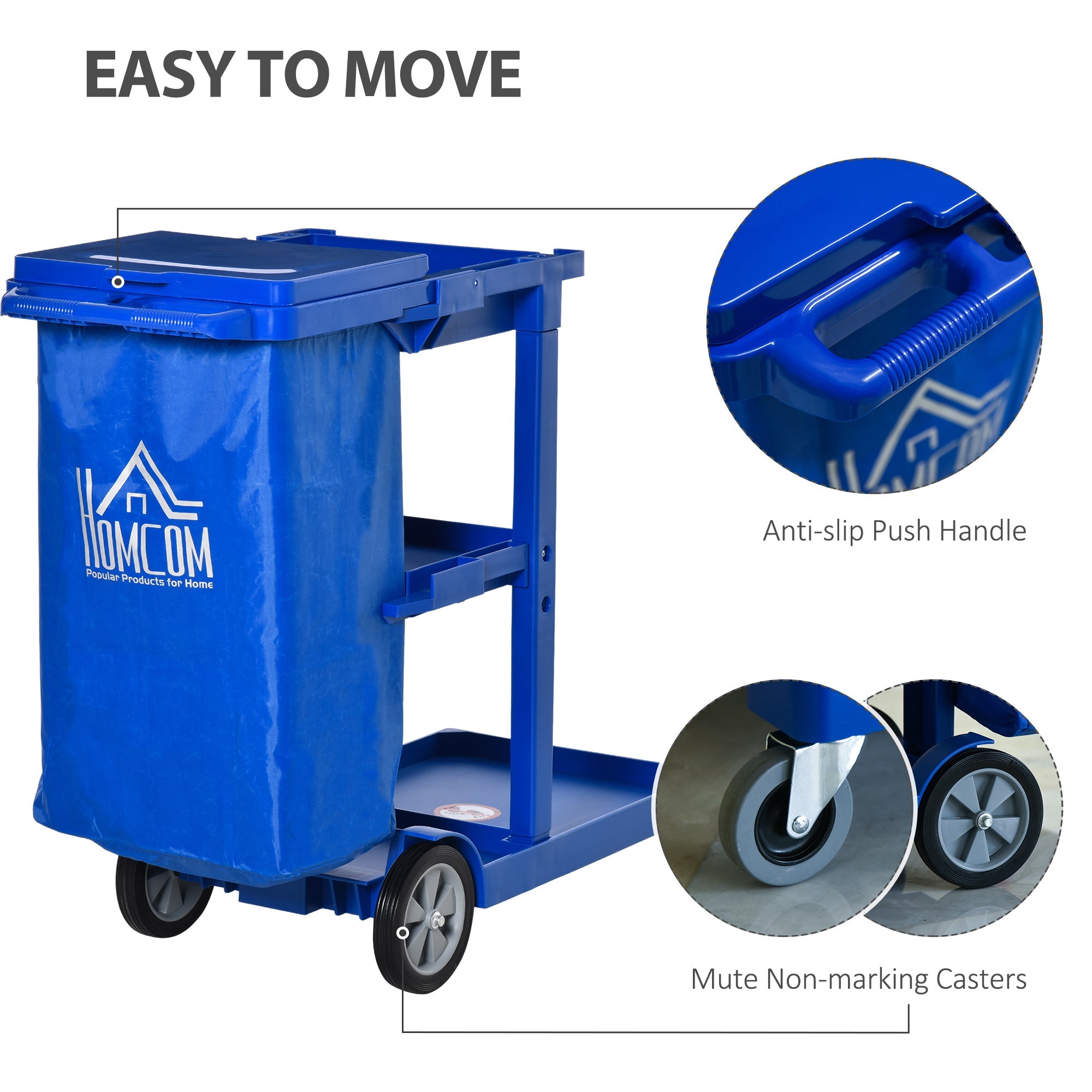 HOMCOM Janitorial Cart Commercial 3 Tier Shelves Cleaning Trolley with Bag Mop Mount for Hotel Restaurant